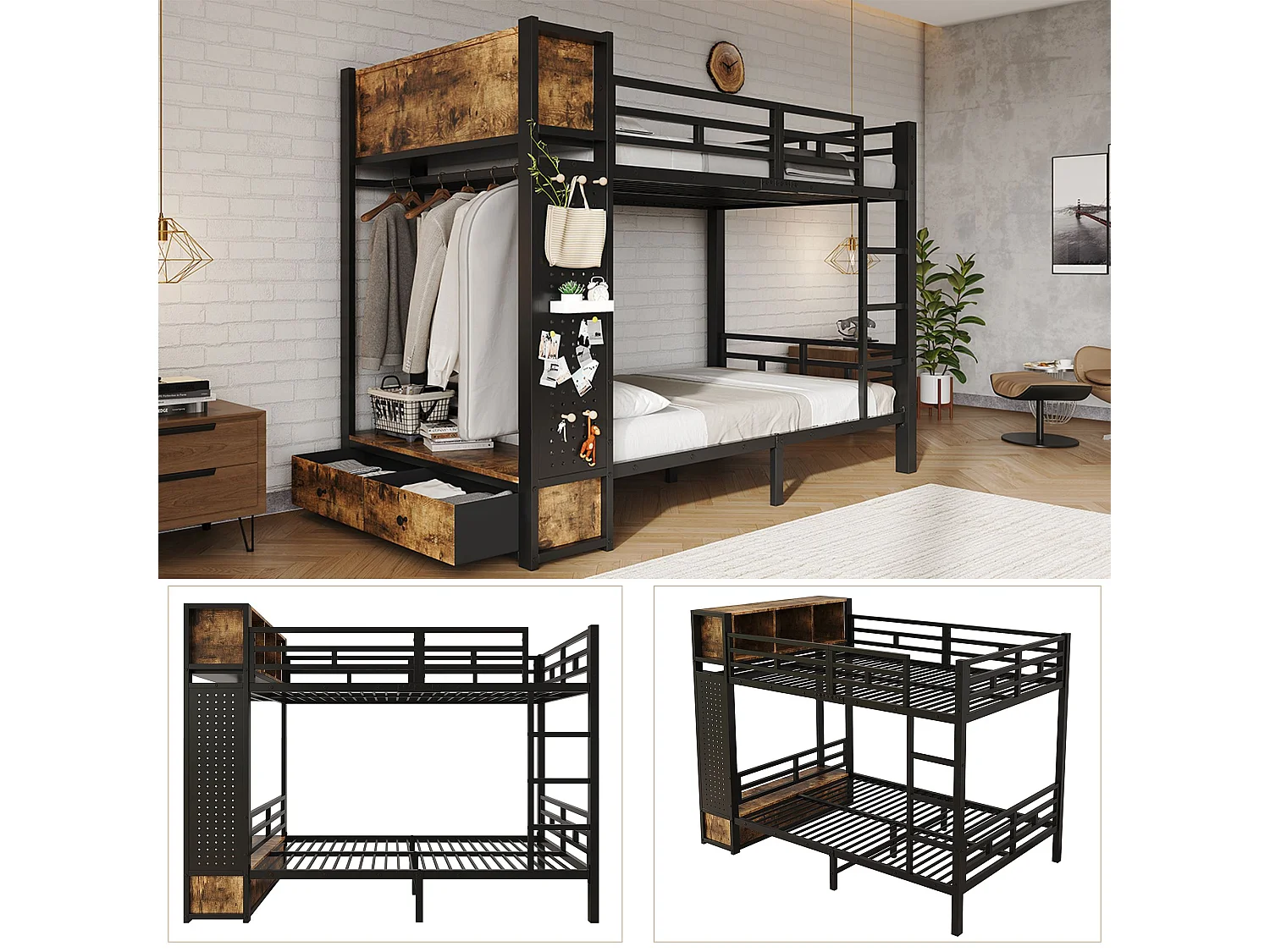 Lit superposé 120x200 cm en métal noir avec module de rangement, penderie, tiroirs, panneau perforé et étagères – lit enfant et ado