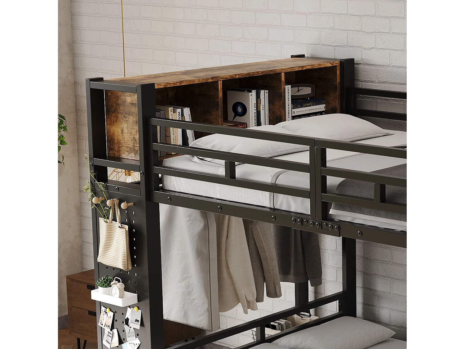 Lit superposé 120x200 cm en métal noir avec module de rangement, penderie, tiroirs, panneau perforé et étagères – lit enfant et ado