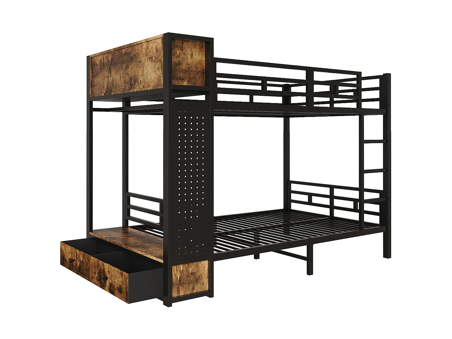 Lit superposé 120x200 cm en métal noir avec module de rangement, penderie, tiroirs, panneau perforé et étagères – lit enfant et ado