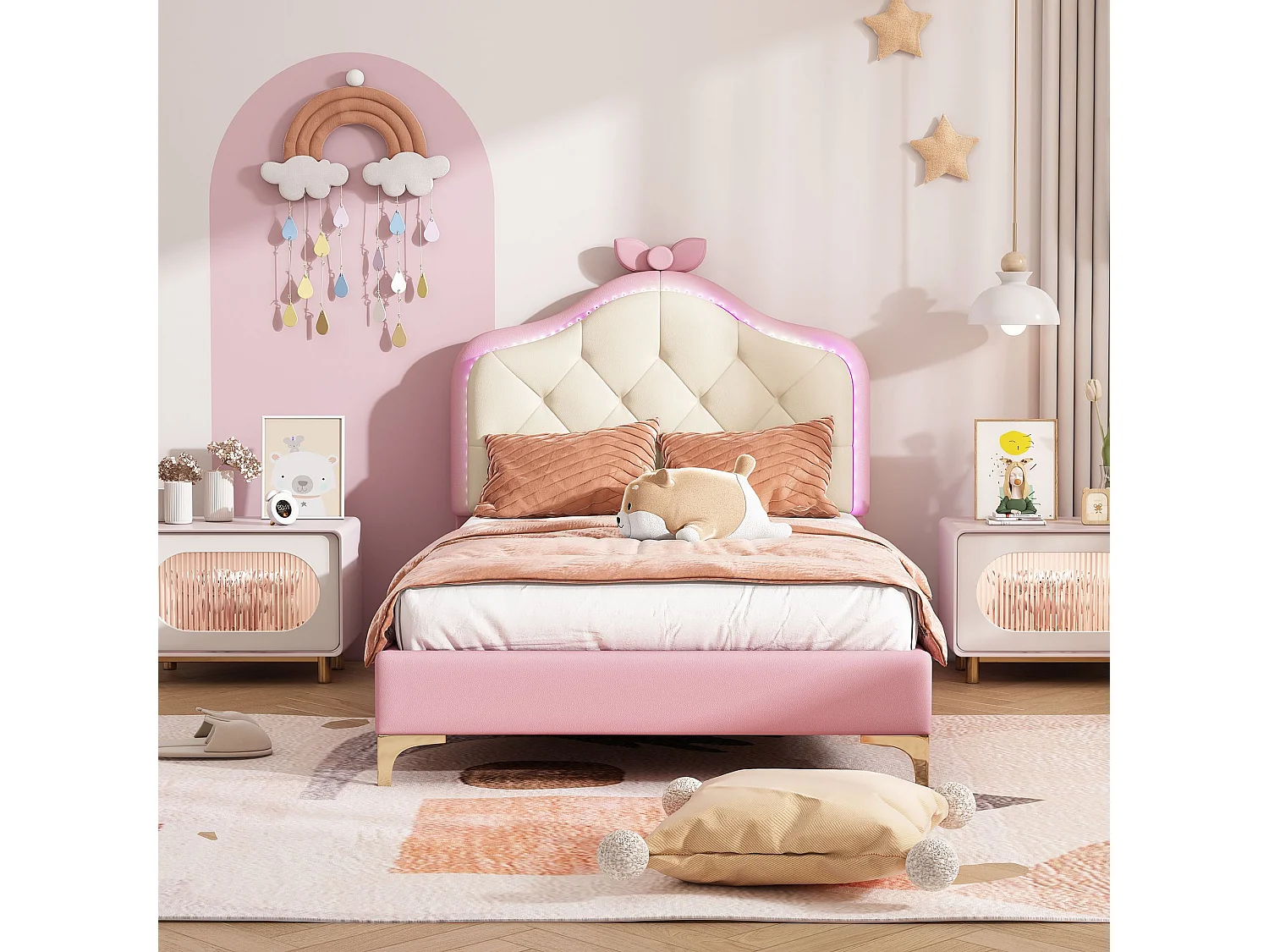 Lit enfant 90x200 cm en PU rose, tête de lit capitonnée avec nœud, LED multicolore, sommier à lattes inclus