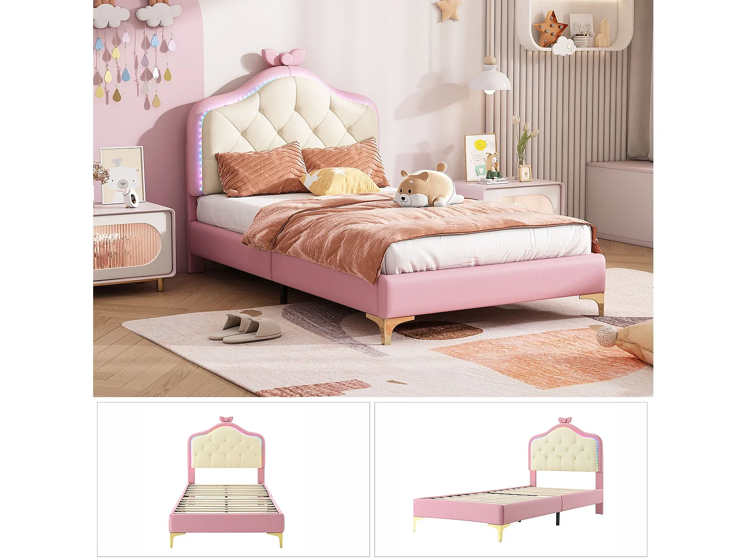 Lit enfant 90x200 cm en PU rose, tête de lit capitonnée avec nœud, LED multicolore, sommier à lattes inclus