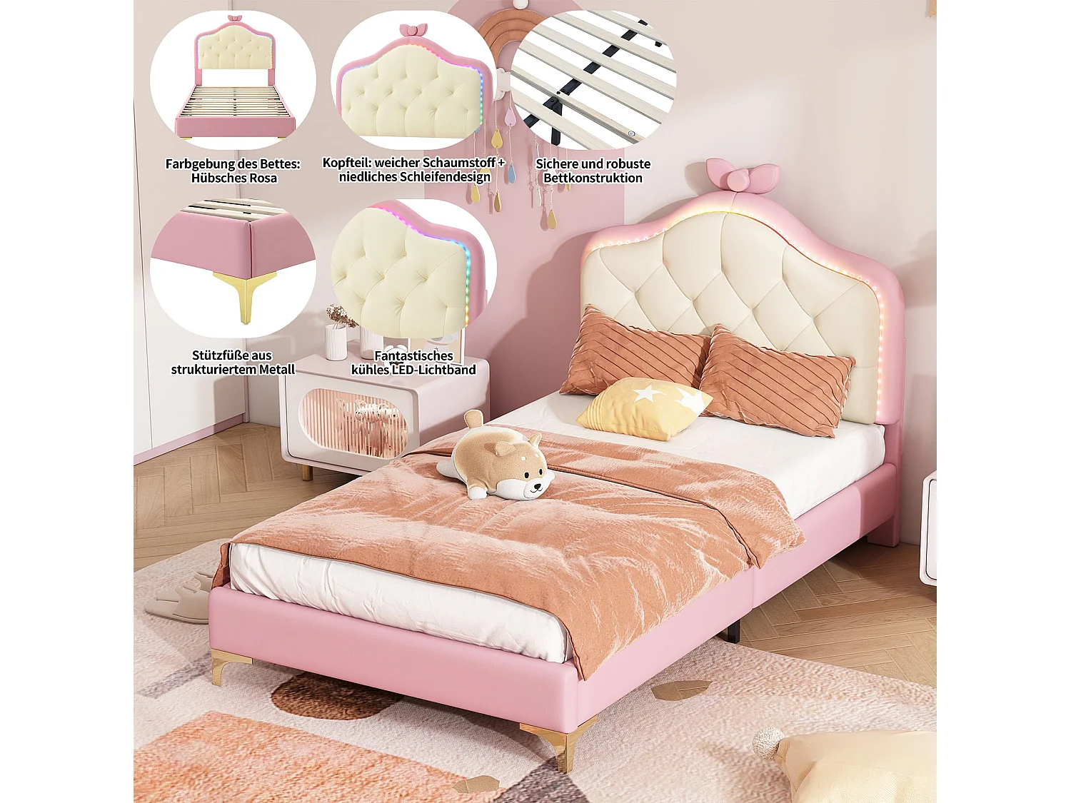 Lit enfant 90x200 cm en PU rose, tête de lit capitonnée avec nœud, LED multicolore, sommier à lattes inclus