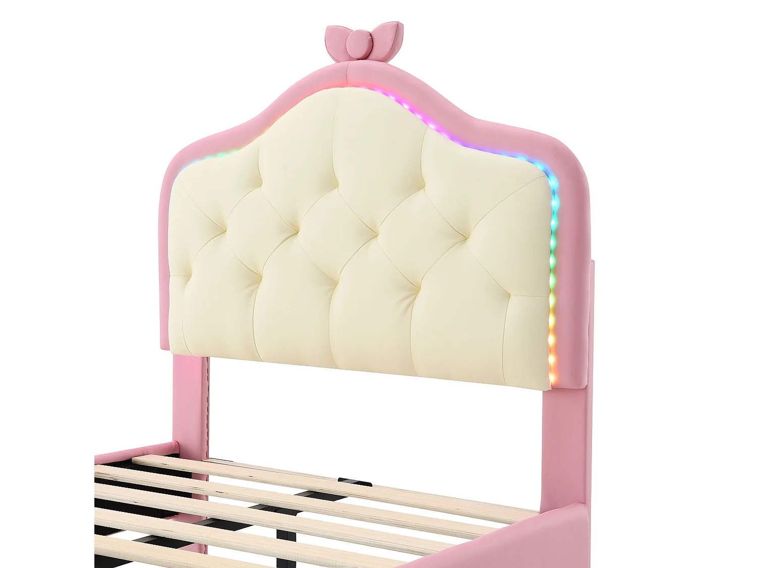Lit enfant 90x200 cm en PU rose, tête de lit capitonnée avec nœud, LED multicolore, sommier à lattes inclus