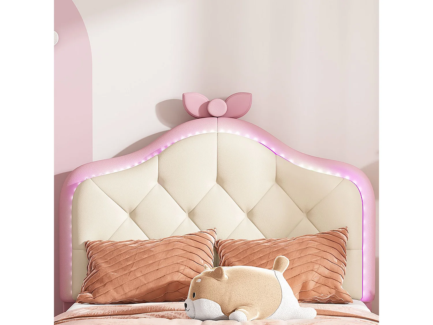 Lit enfant 90x200 cm en PU rose, tête de lit capitonnée avec nœud, LED multicolore, sommier à lattes inclus