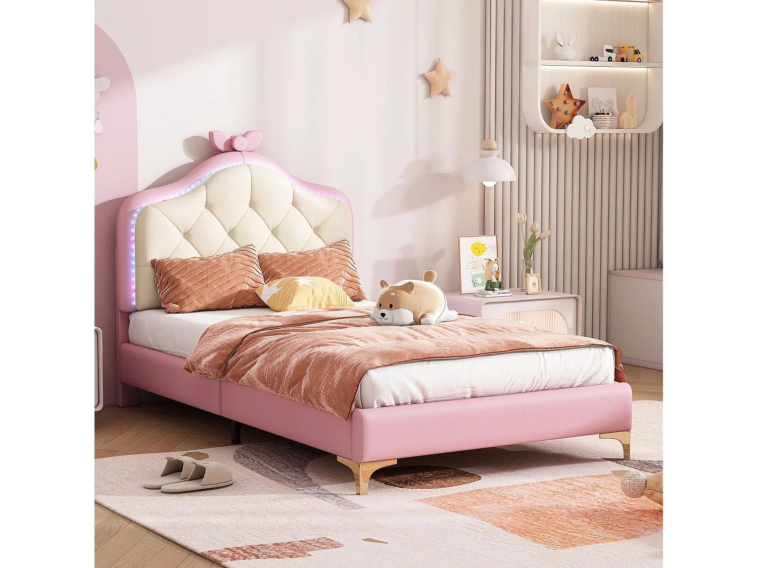 Lit enfant 90x200 cm en PU rose, tête de lit capitonnée avec nœud, LED multicolore, sommier à lattes inclus