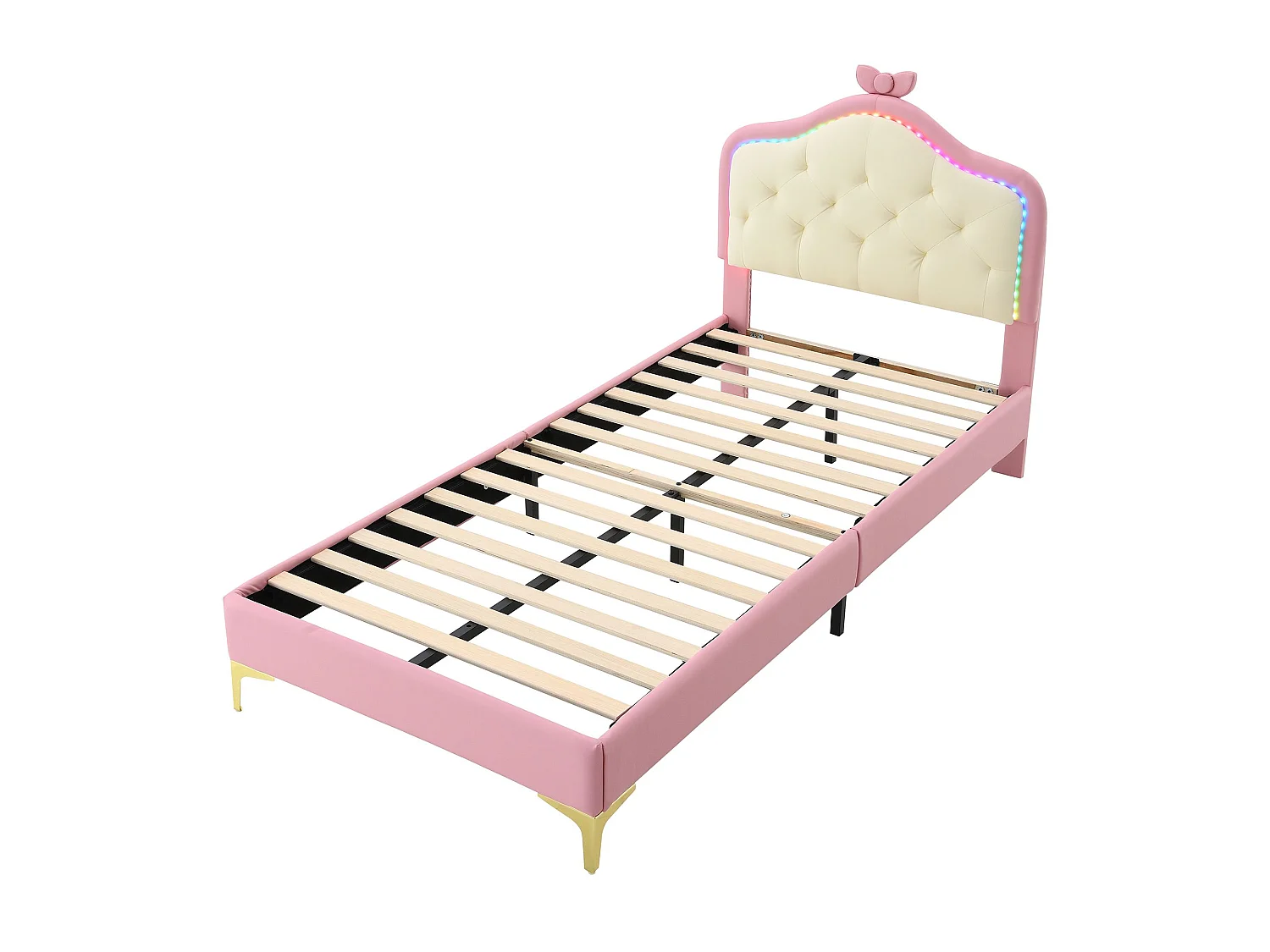 Lit enfant 90x200 cm en PU rose, tête de lit capitonnée avec nœud, LED multicolore, sommier à lattes inclus