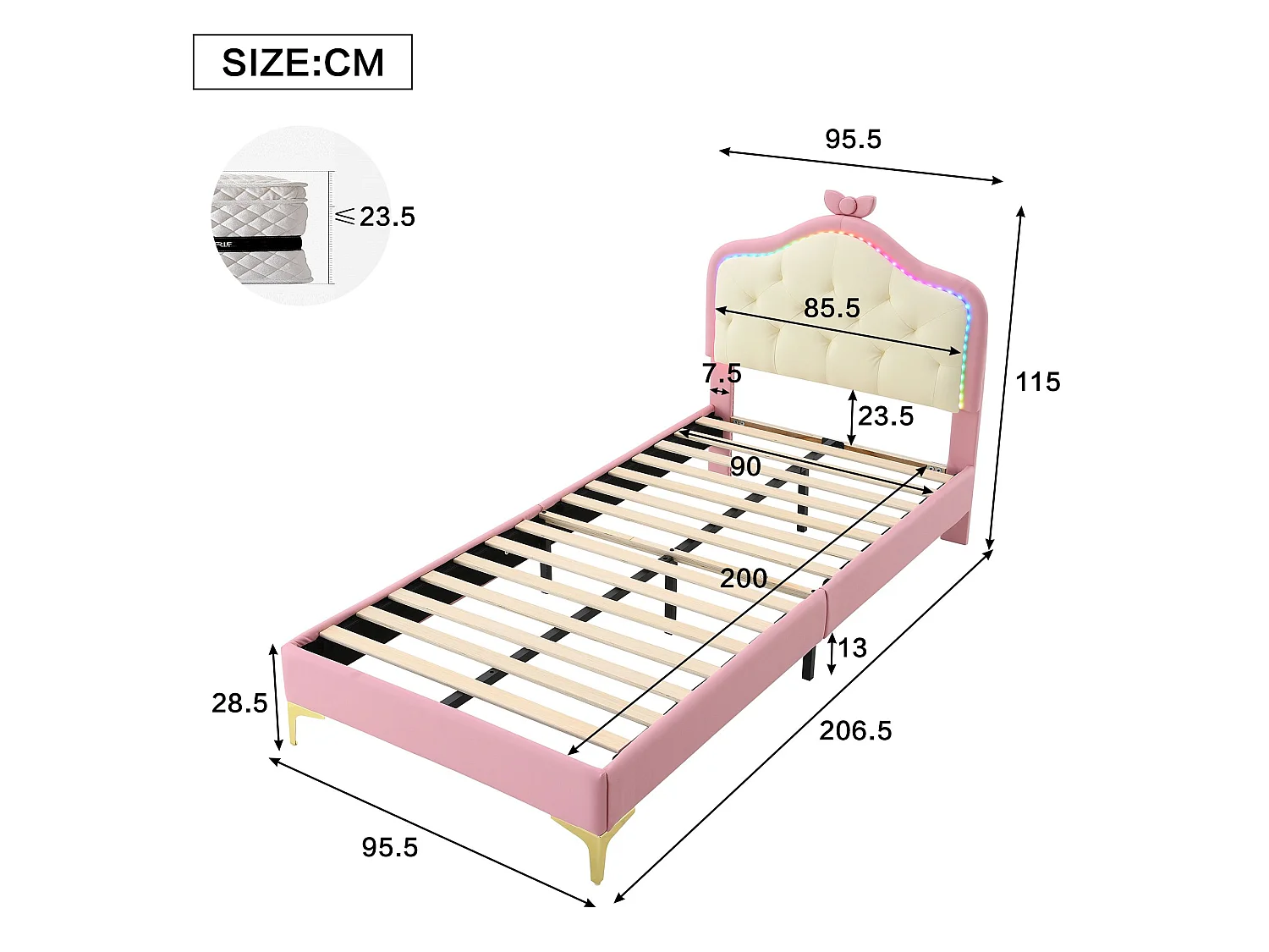 Lit enfant 90x200 cm en PU rose, tête de lit capitonnée avec nœud, LED multicolore, sommier à lattes inclus