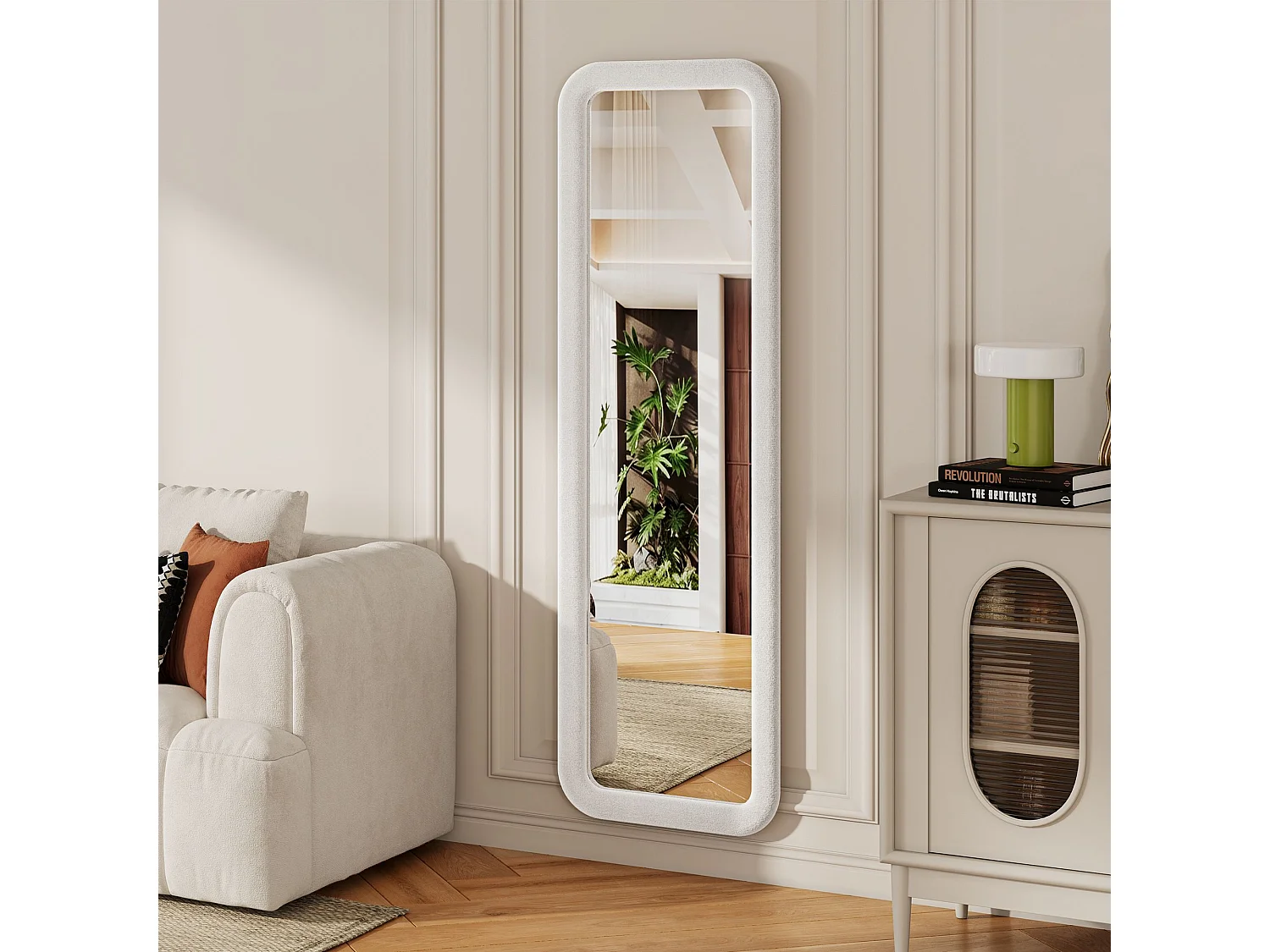 Miroir plein pied rectangulaire arrondi 160x50 cm avec cadre en flanelle, miroir design romantique blanc