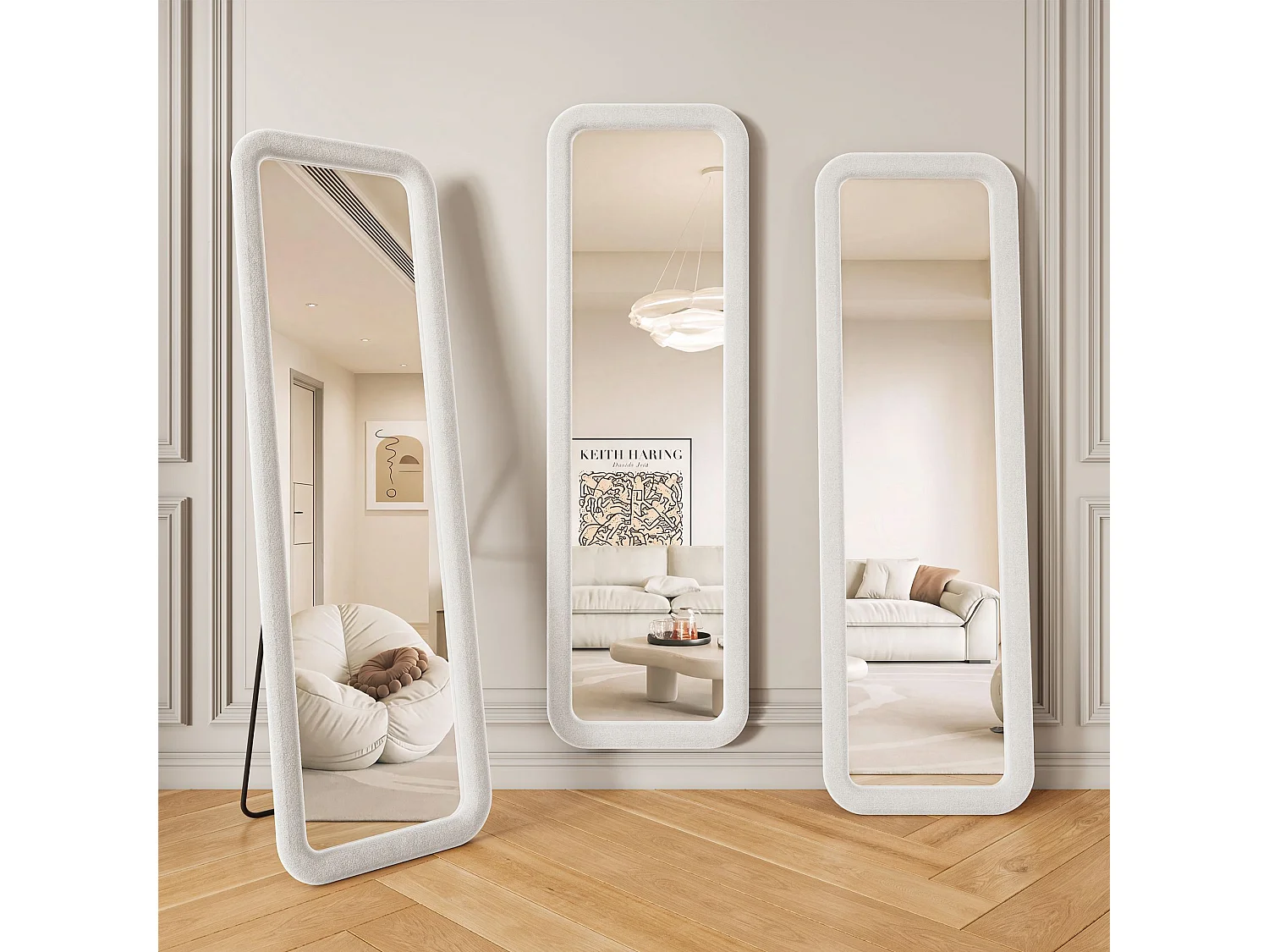 Miroir plein pied rectangulaire arrondi 160x50 cm avec cadre en flanelle, miroir design romantique blanc