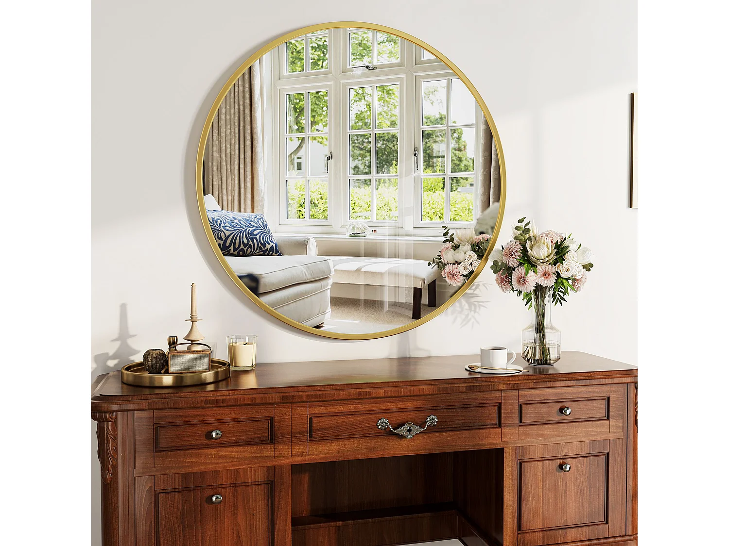 Miroir Rond Mural 75 cm, Cadre Aluminium Doré, Verre Trempé, Design Moderne pour Salon, Chambre, Salle de Bain, Entrée