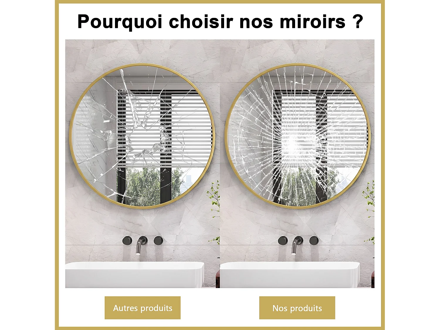 Miroir Rond Mural 75 cm, Cadre Aluminium Doré, Verre Trempé, Design Moderne pour Salon, Chambre, Salle de Bain, Entrée