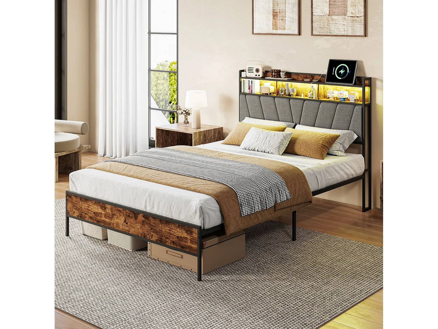 Lit double industriel 140x200 cm avec tête de lit LED, prises USB, rangement 2 niveaux, cadre métal et bois noir, sommier à lattes