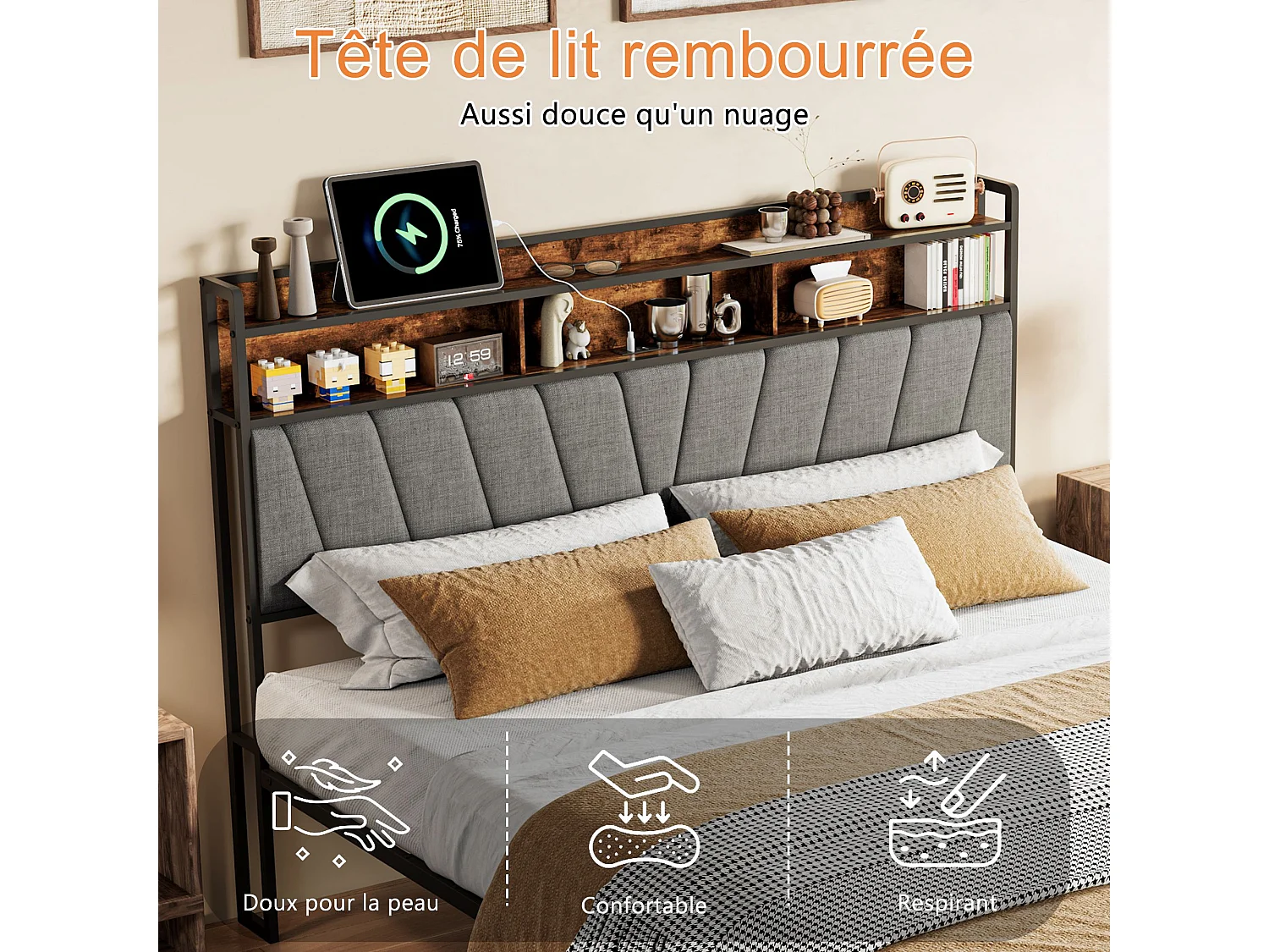 Lit double industriel 140x200 cm avec tête de lit LED, prises USB, rangement 2 niveaux, cadre métal et bois noir, sommier à lattes