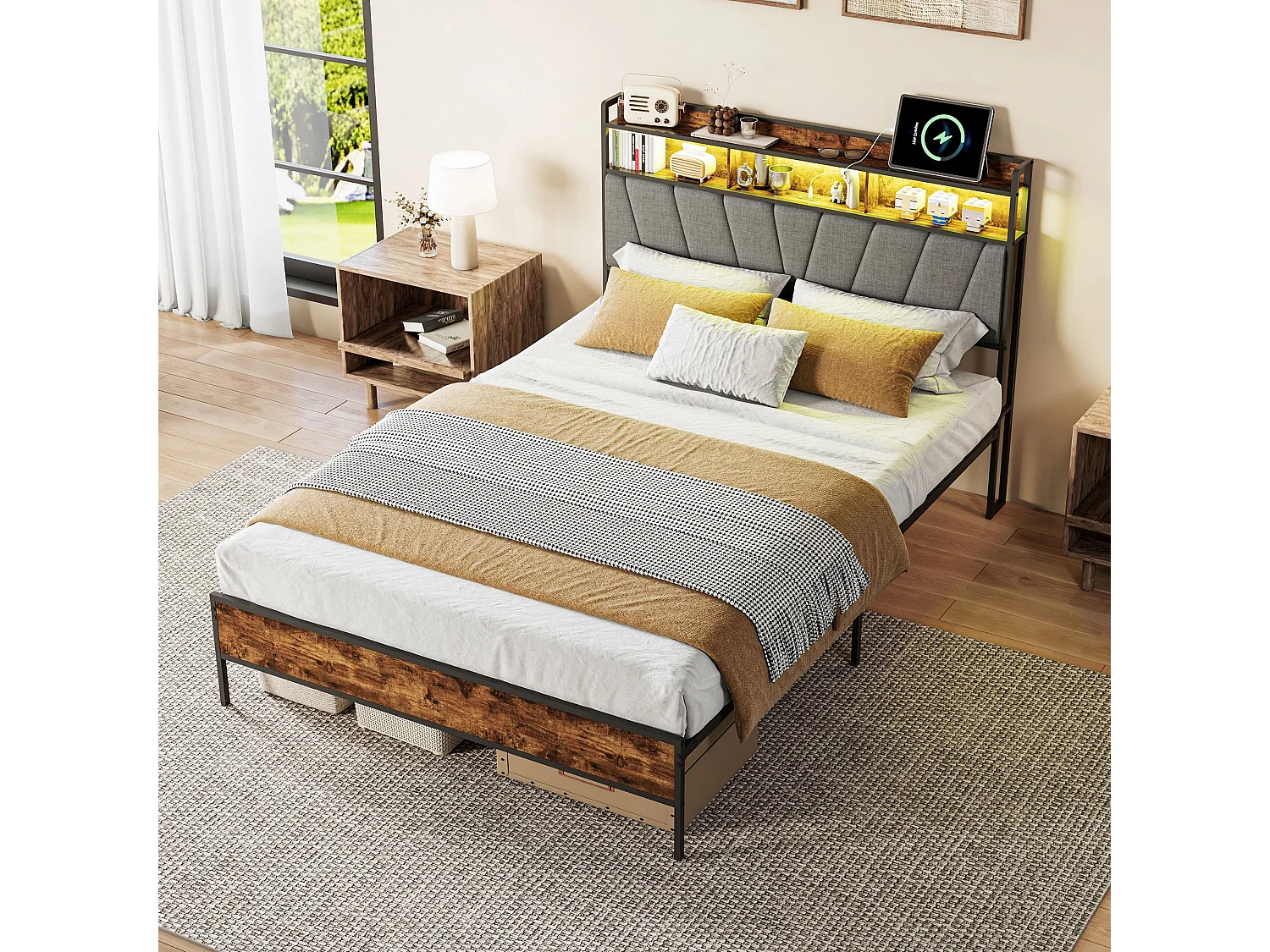 Lit double industriel 140x200 cm avec tête de lit LED, prises USB, rangement 2 niveaux, cadre métal et bois noir, sommier à lattes