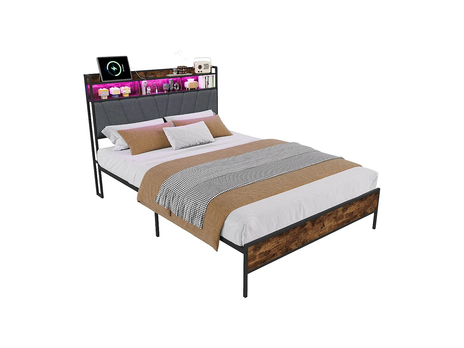 Lit double industriel 140x200 cm avec tête de lit LED, prises USB, rangement 2 niveaux, cadre métal et bois noir, sommier à lattes