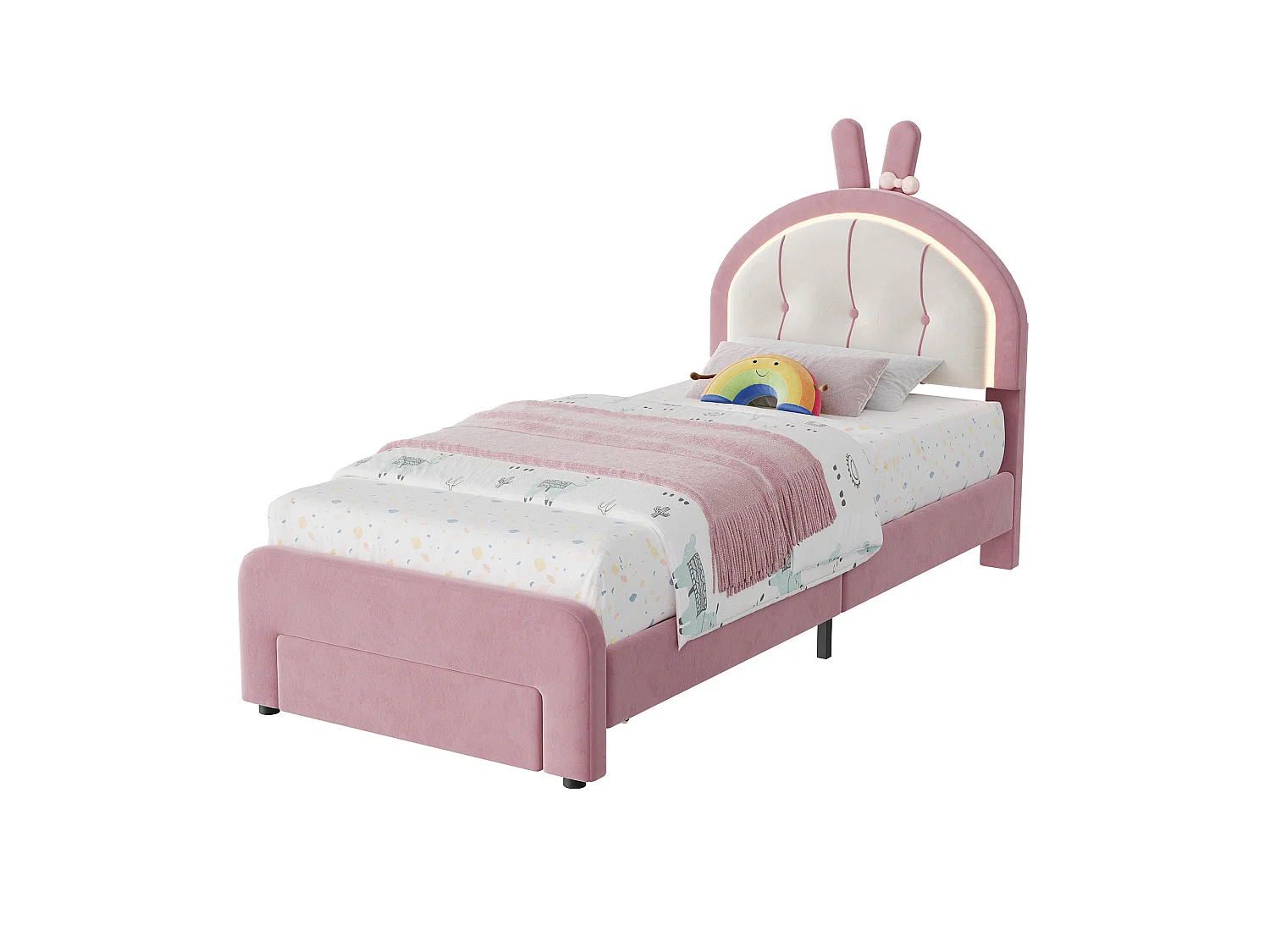 Lit enfant 90x200 cm rose en velours avec LED, lit fille design lapin avec tiroir de rangement, sommier à lattes, lit junior rembourré