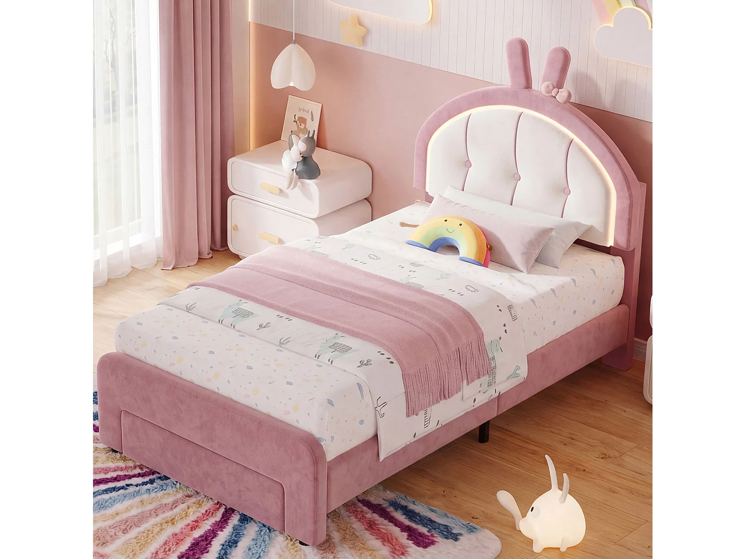 Lit enfant 90x200 cm rose en velours avec LED, lit fille design lapin avec tiroir de rangement, sommier à lattes, lit junior rembourré