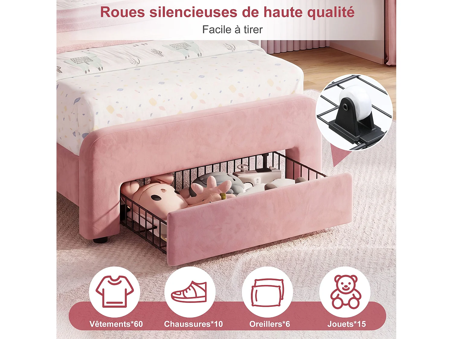 Lit enfant 90x200 cm rose en velours avec LED, lit fille design lapin avec tiroir de rangement, sommier à lattes, lit junior rembourré