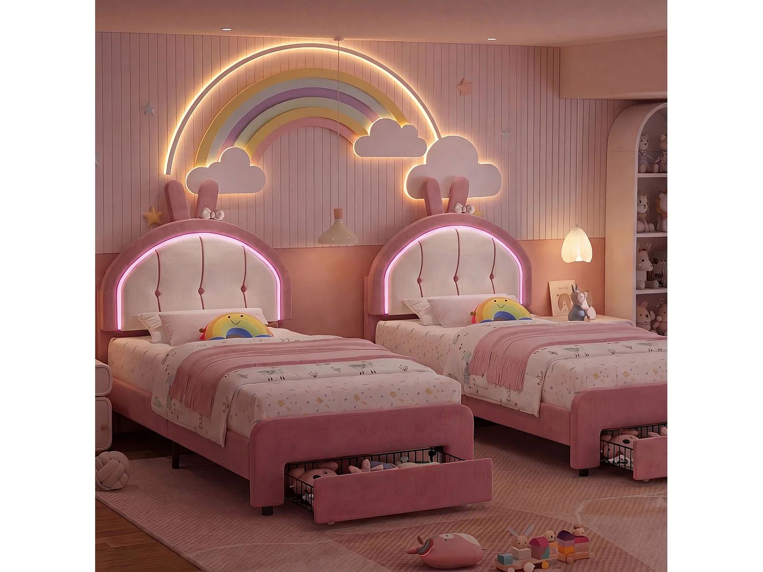 Lit enfant 90x200 cm rose en velours avec LED, lit fille design lapin avec tiroir de rangement, sommier à lattes, lit junior rembourré
