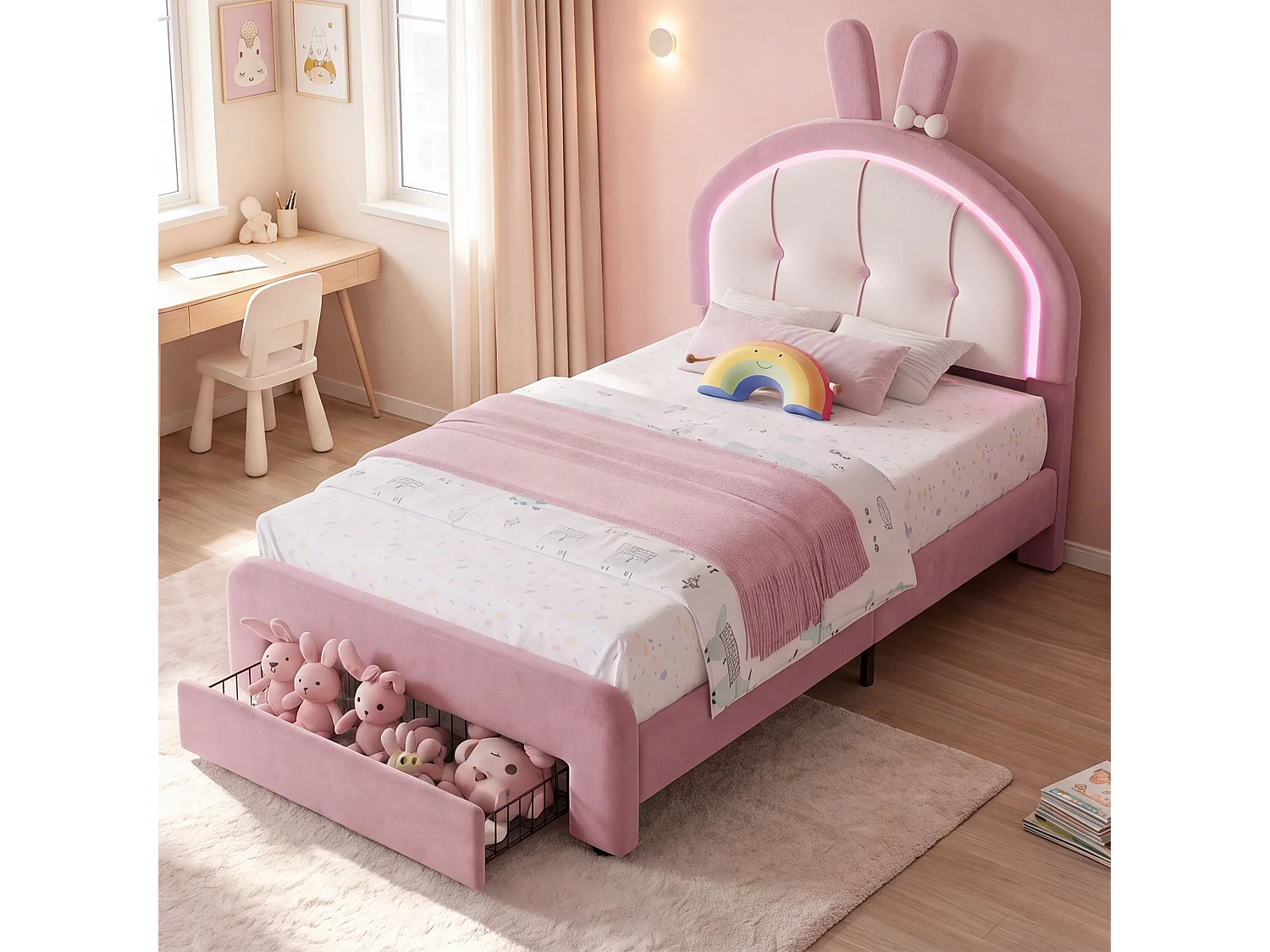 Lit enfant 90x200 cm rose en velours avec LED, lit fille design lapin avec tiroir de rangement, sommier à lattes, lit junior rembourré