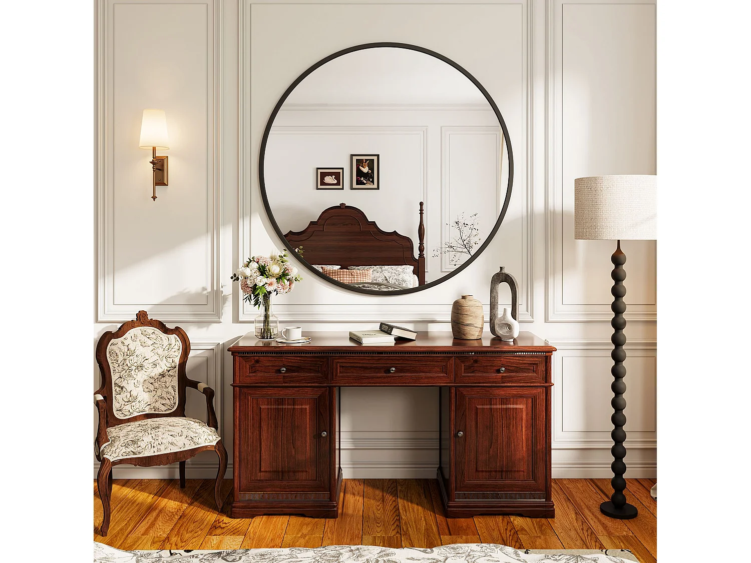 Miroir Rond Mural 75 cm, Cadre Aluminium Noir, Verre Trempé, Design Moderne pour Salon, Chambre, Salle de Bain, Entrée