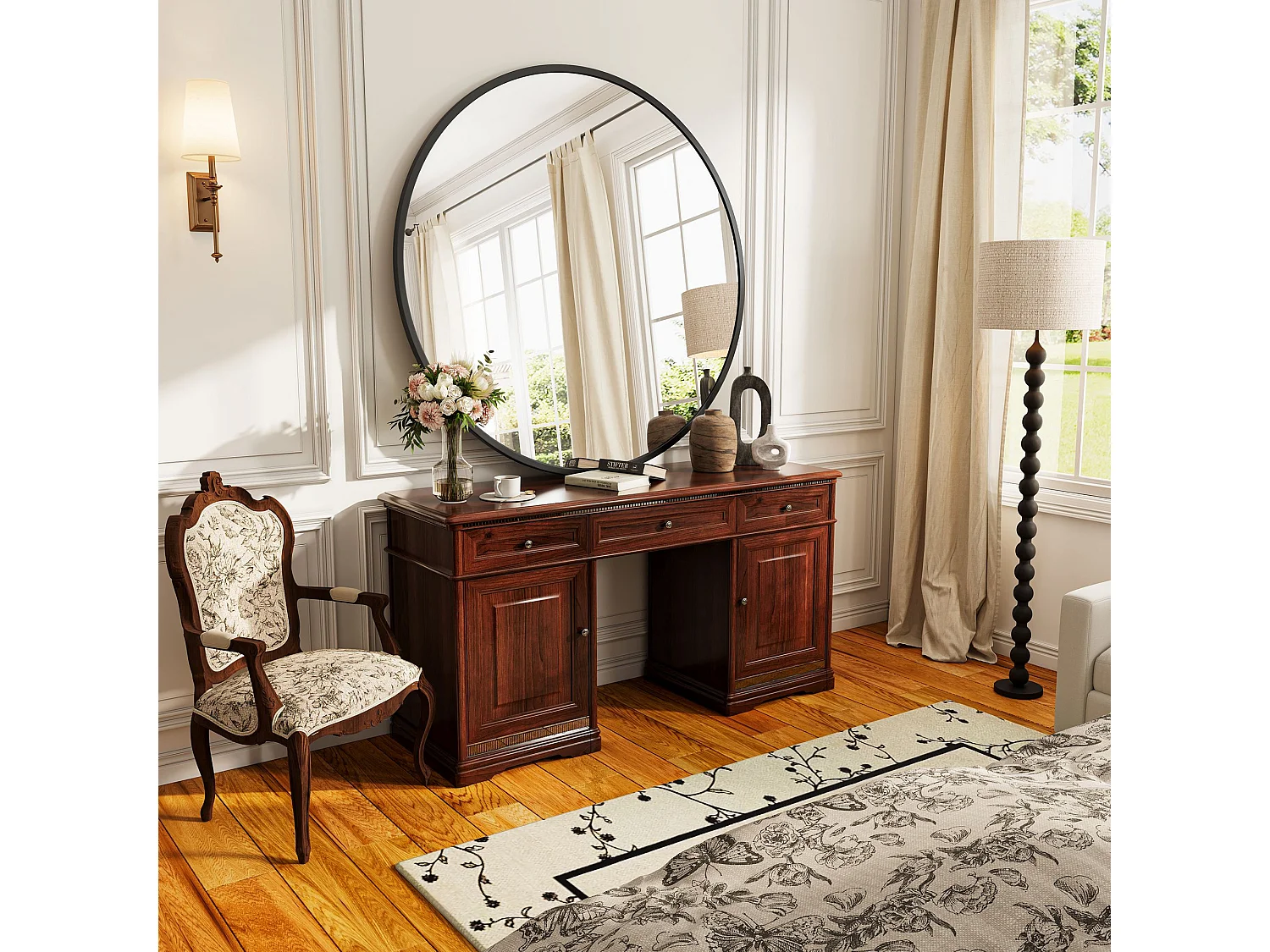 Miroir Rond Mural 75 cm, Cadre Aluminium Noir, Verre Trempé, Design Moderne pour Salon, Chambre, Salle de Bain, Entrée