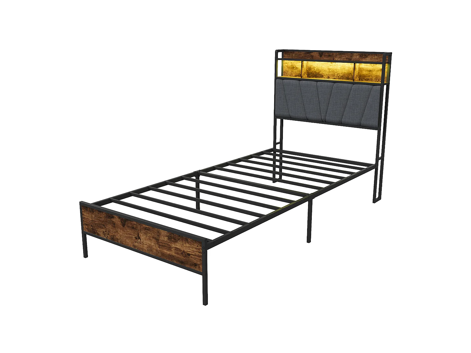 Lit double industriel 90x200 cm avec tête de lit LED, prises USB, rangement 2 niveaux, cadre métal et bois noir, sommier à lattes
