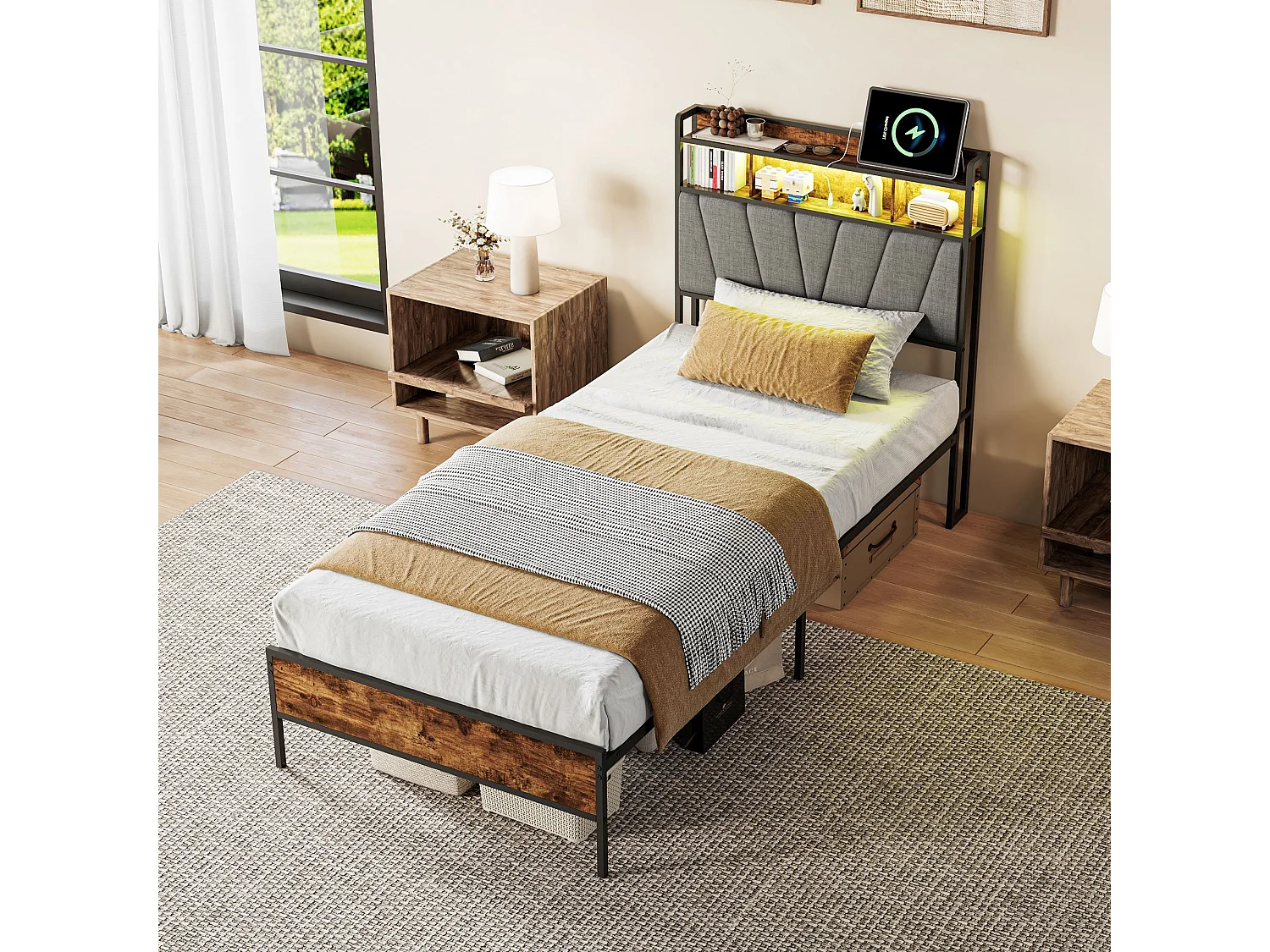 Lit double industriel 90x200 cm avec tête de lit LED, prises USB, rangement 2 niveaux, cadre métal et bois noir, sommier à lattes
