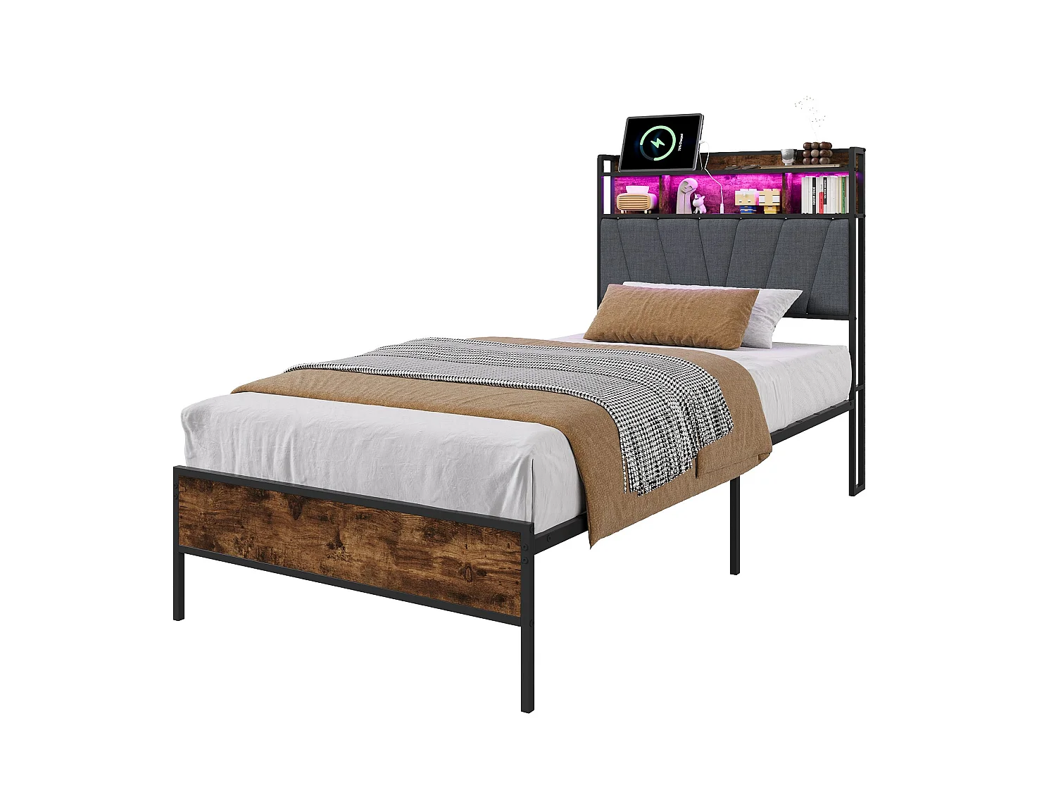 Lit double industriel 90x200 cm avec tête de lit LED, prises USB, rangement 2 niveaux, cadre métal et bois noir, sommier à lattes