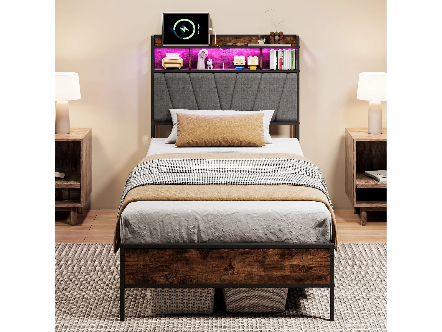 Lit double industriel 90x200 cm avec tête de lit LED, prises USB, rangement 2 niveaux, cadre métal et bois noir, sommier à lattes