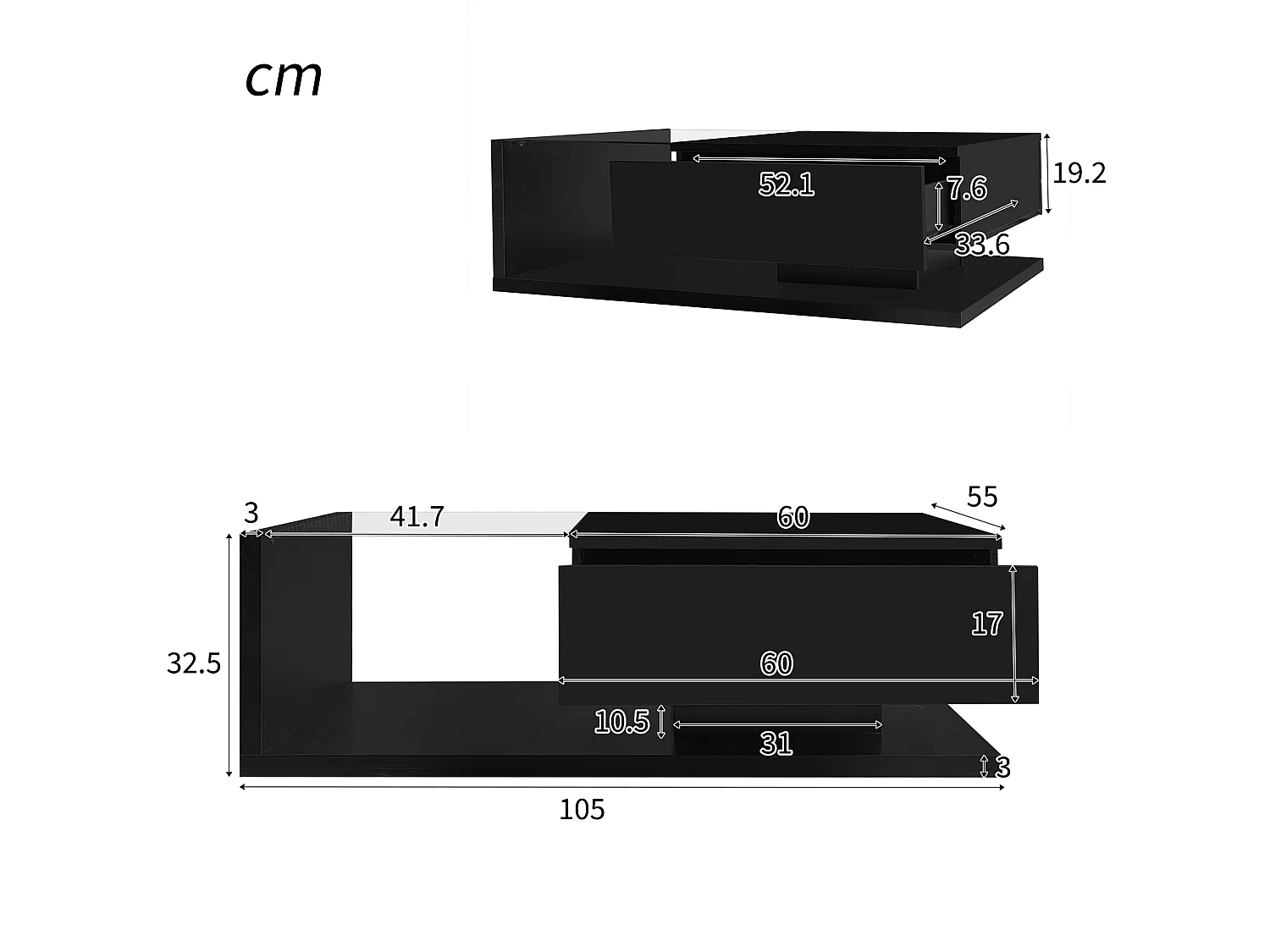 Table basse 105x55 cm verre trempé et LED 16 couleurs, noir laqué brillant, rangement intégré – table d'appoint design