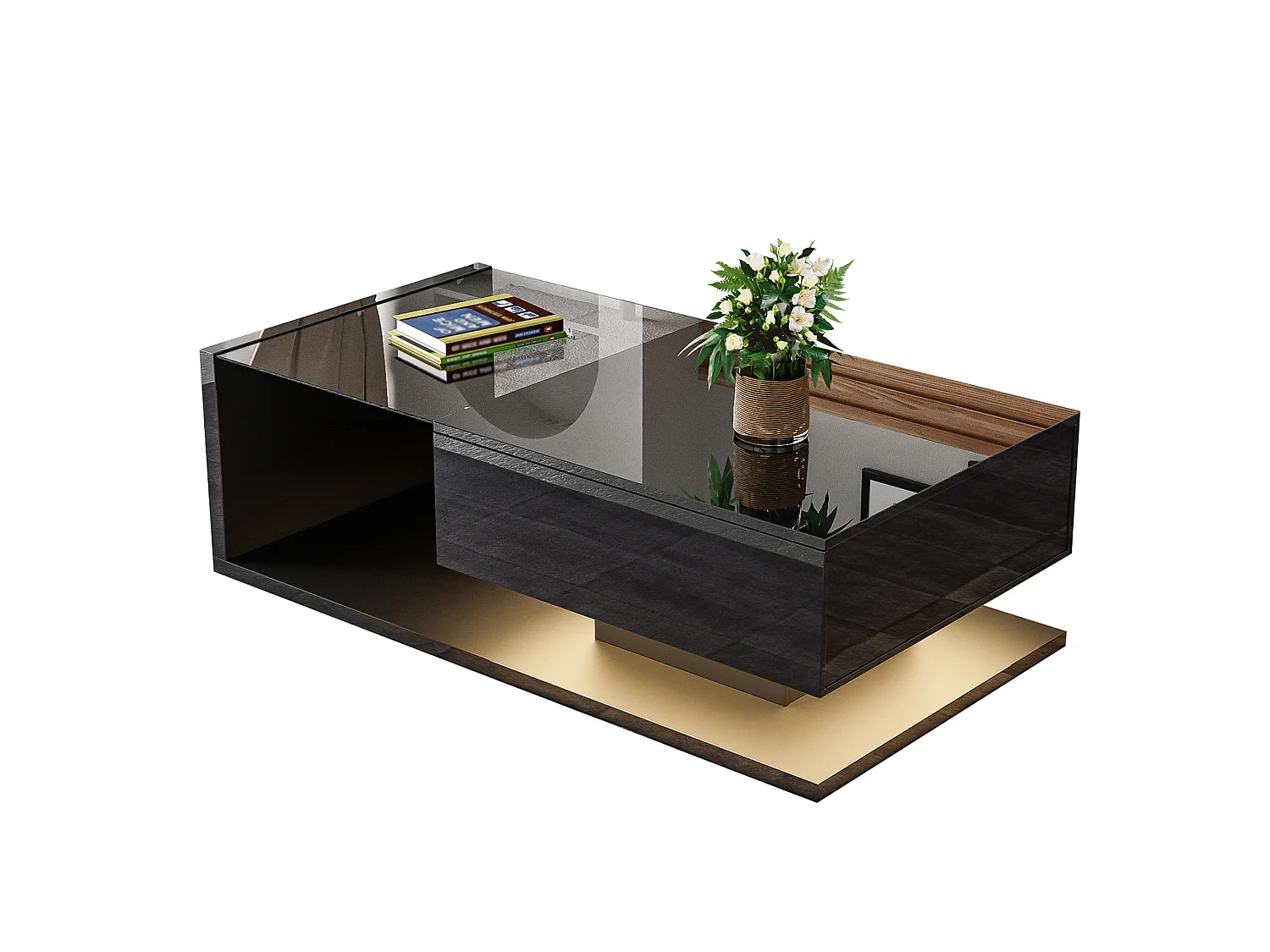 Table basse 105x55 cm verre trempé et LED 16 couleurs, noir laqué brillant, rangement intégré – table d'appoint design