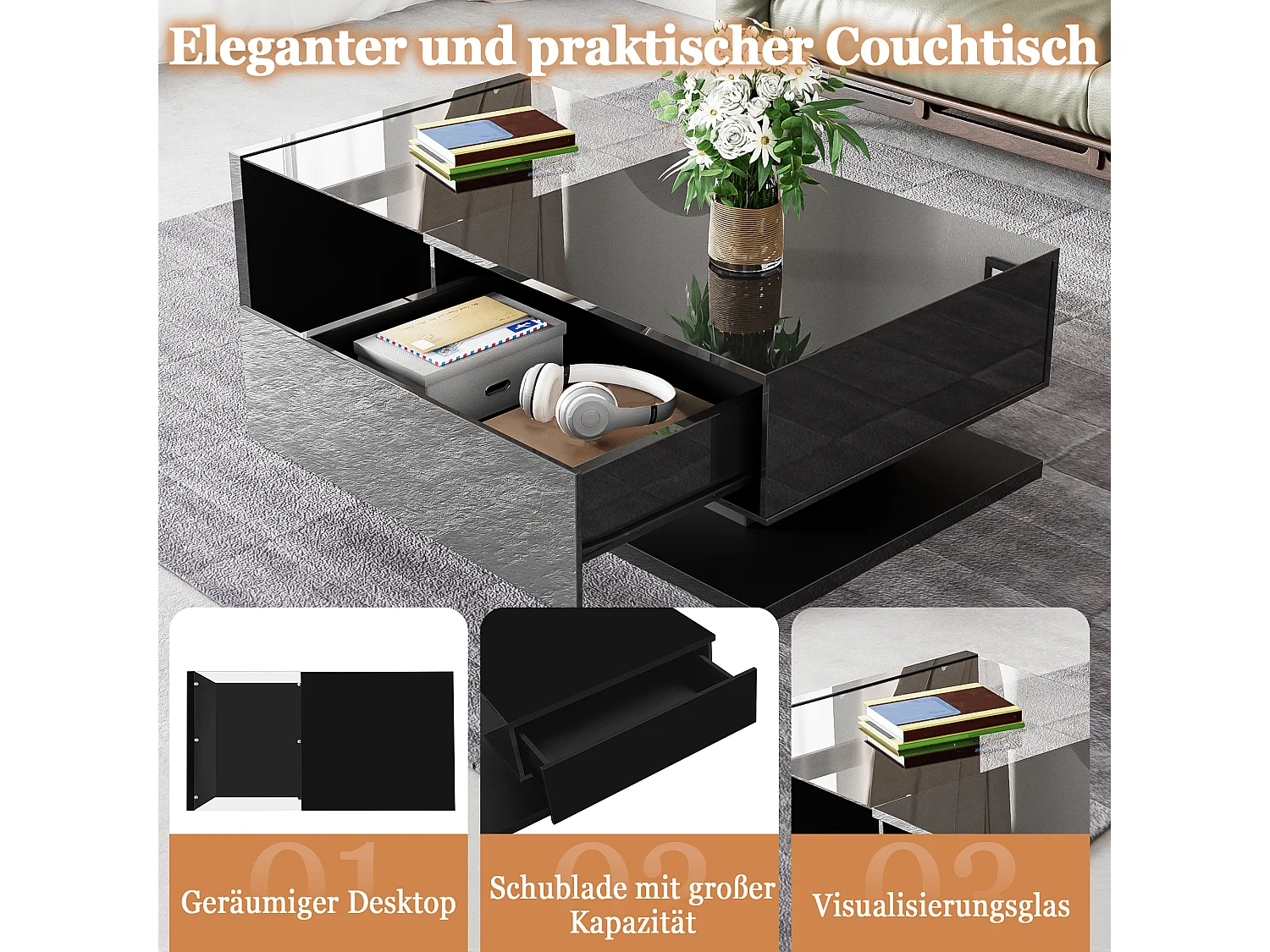 Table basse 105x55 cm verre trempé et LED 16 couleurs, noir laqué brillant, rangement intégré – table d'appoint design