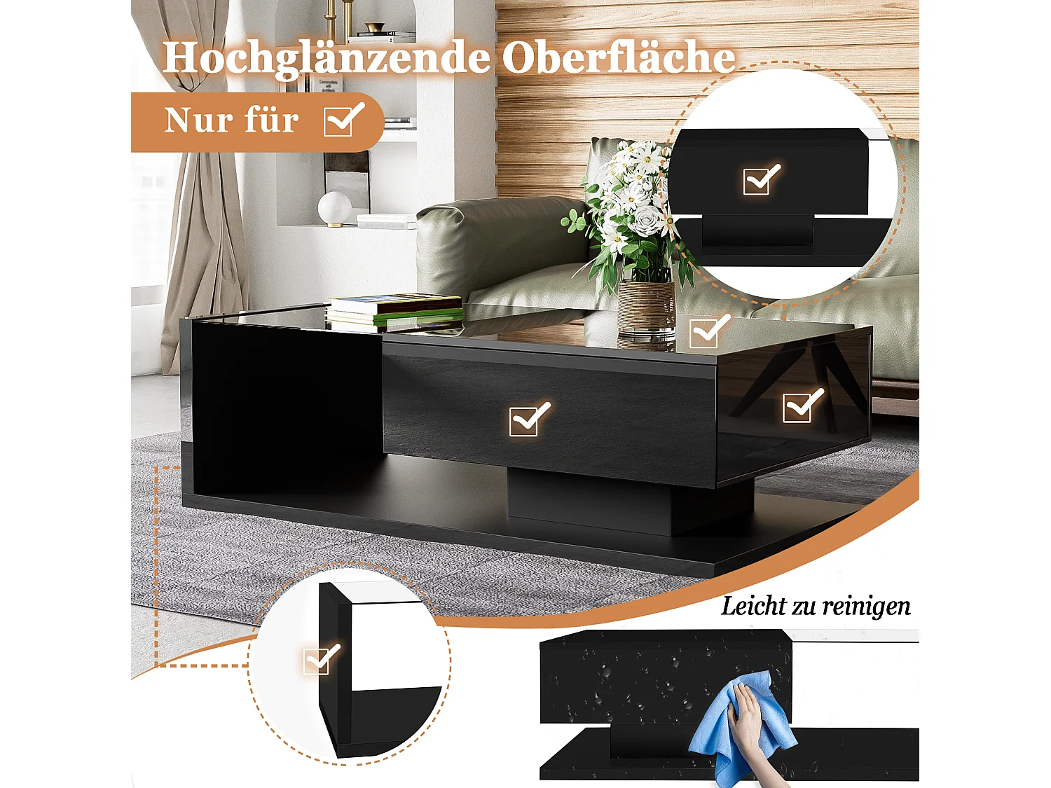 Table basse 105x55 cm verre trempé et LED 16 couleurs, noir laqué brillant, rangement intégré – table d'appoint design