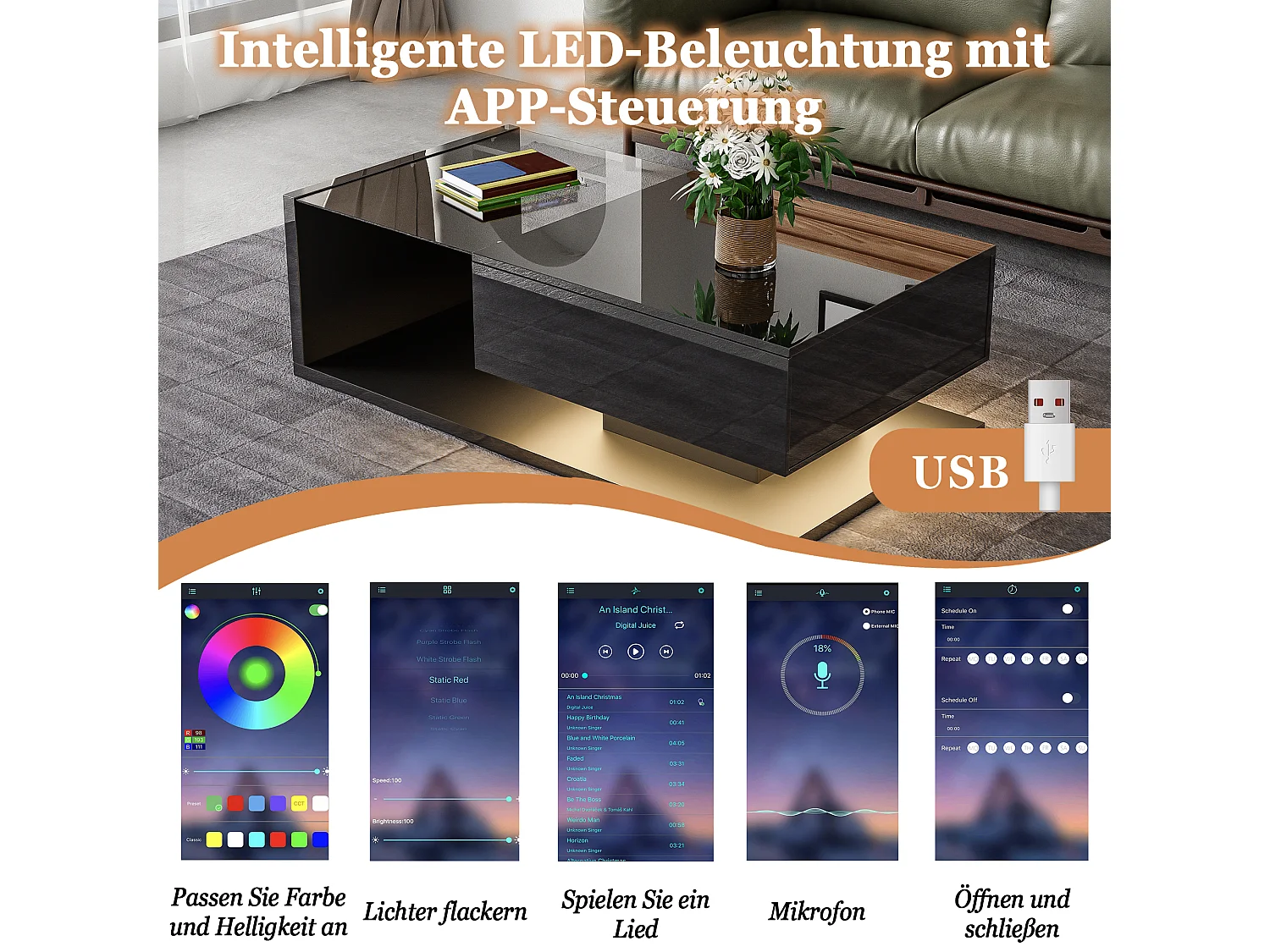 Table basse 105x55 cm verre trempé et LED 16 couleurs, noir laqué brillant, rangement intégré – table d'appoint design