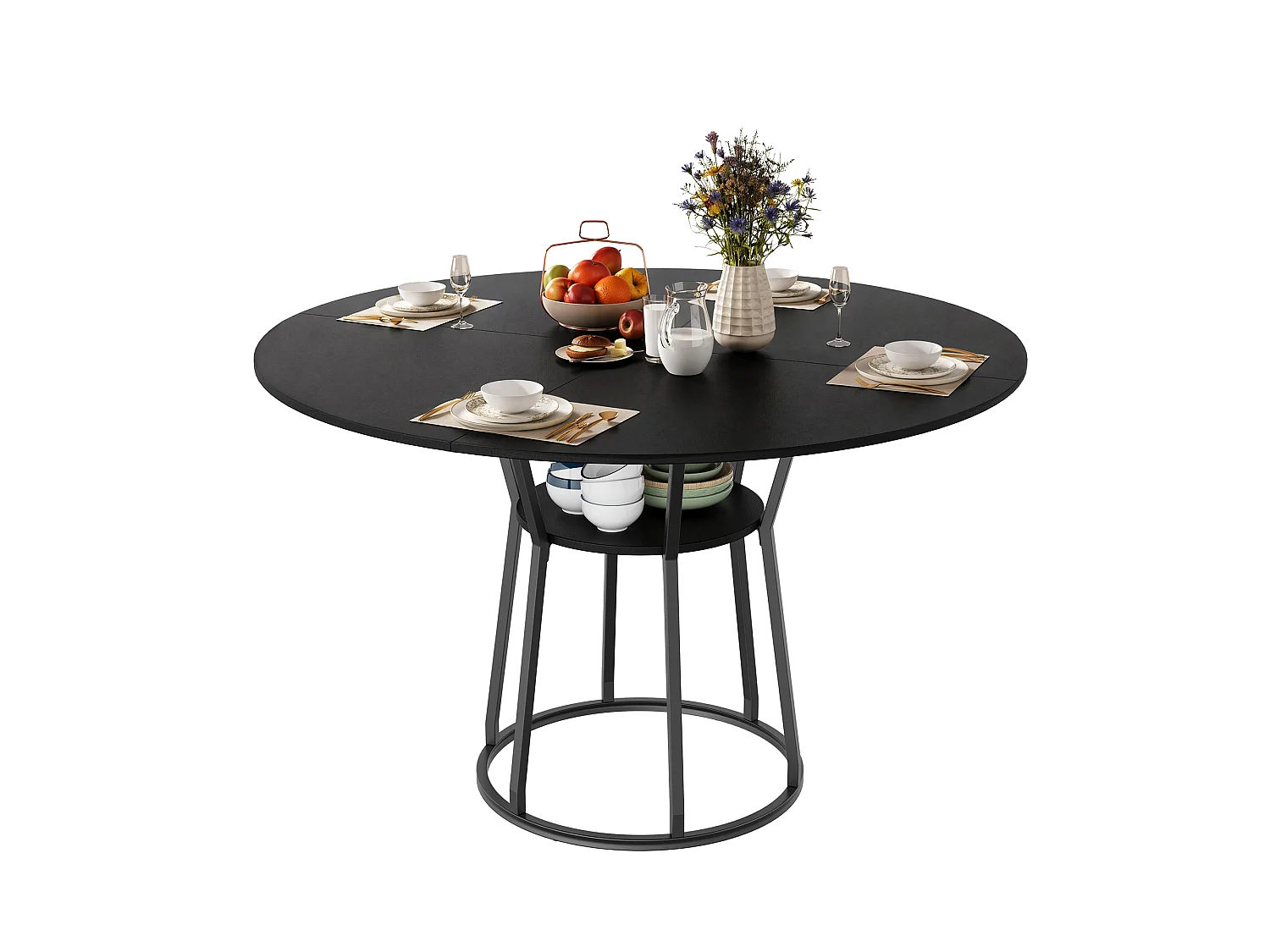Table à manger ronde 120 cm noir, plateau en MDF et pieds métal, table de repas design industriel moderne
