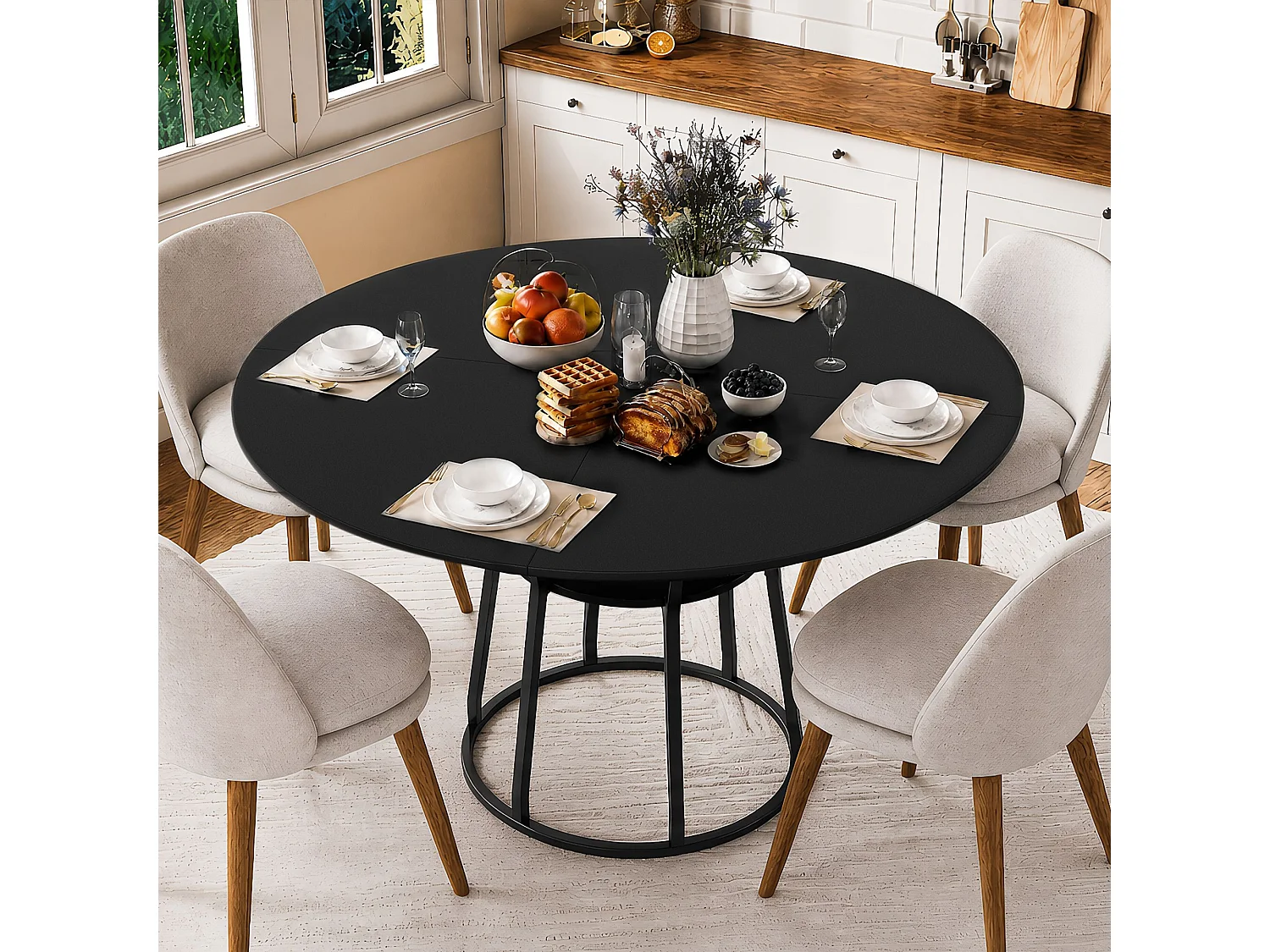 Table à manger ronde 120 cm noir, plateau en MDF et pieds métal, table de repas design industriel moderne