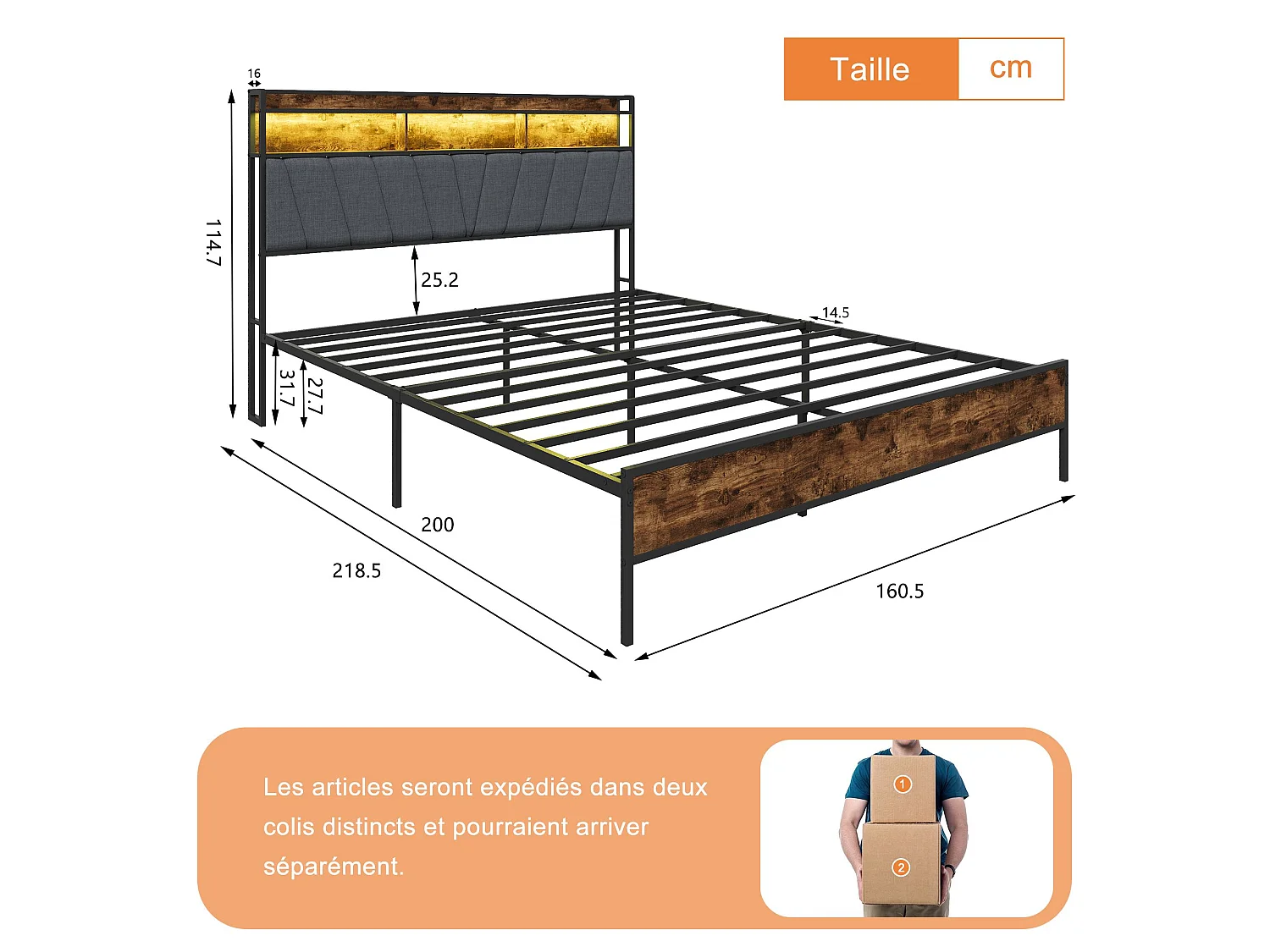 Lit double industriel 160x200 cm avec tête de lit LED, prises USB, rangement 2 niveaux, cadre métal et bois noir, sommier à lattes