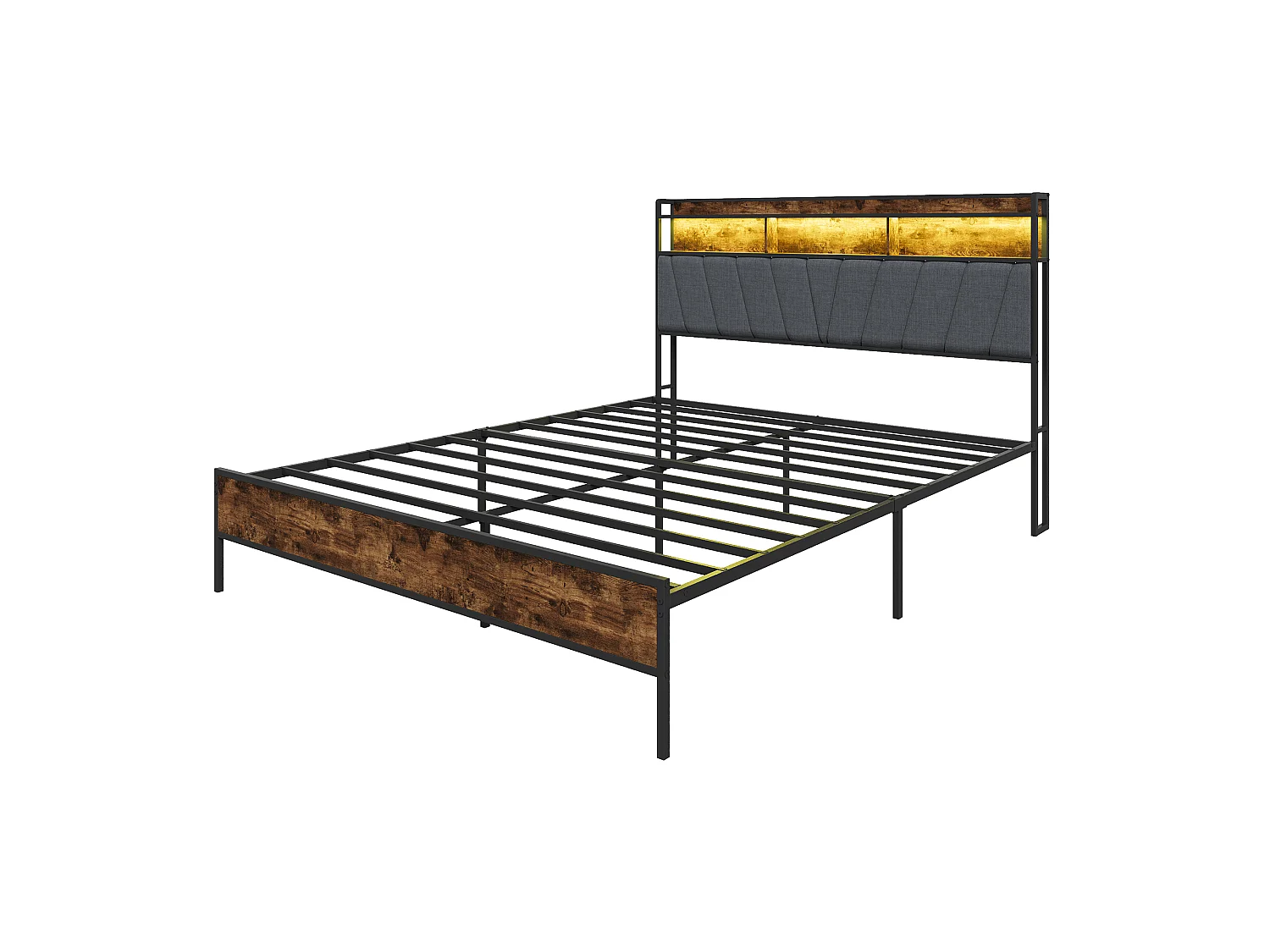 Lit double industriel 160x200 cm avec tête de lit LED, prises USB, rangement 2 niveaux, cadre métal et bois noir, sommier à lattes