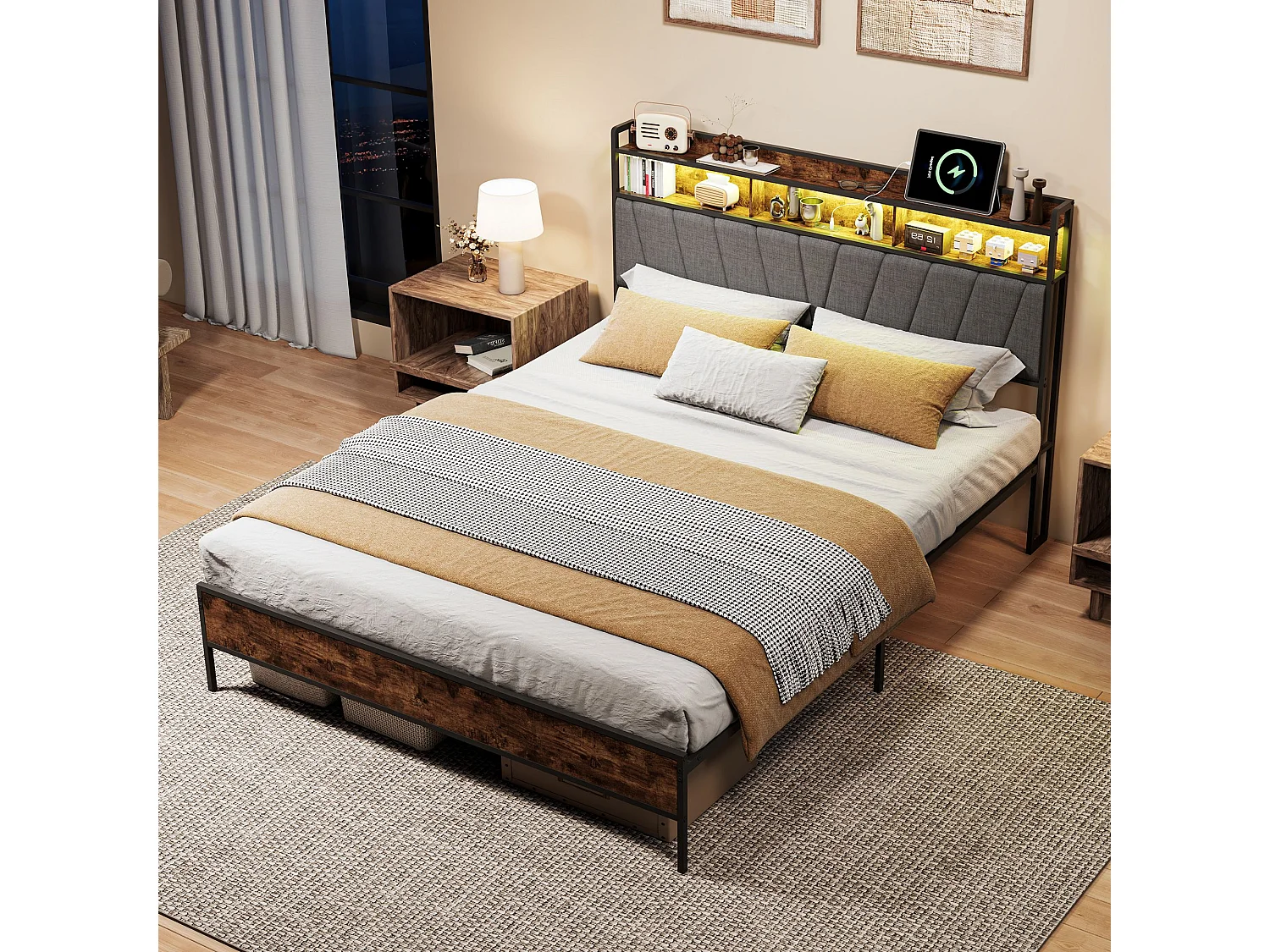 Lit double industriel 160x200 cm avec tête de lit LED, prises USB, rangement 2 niveaux, cadre métal et bois noir, sommier à lattes