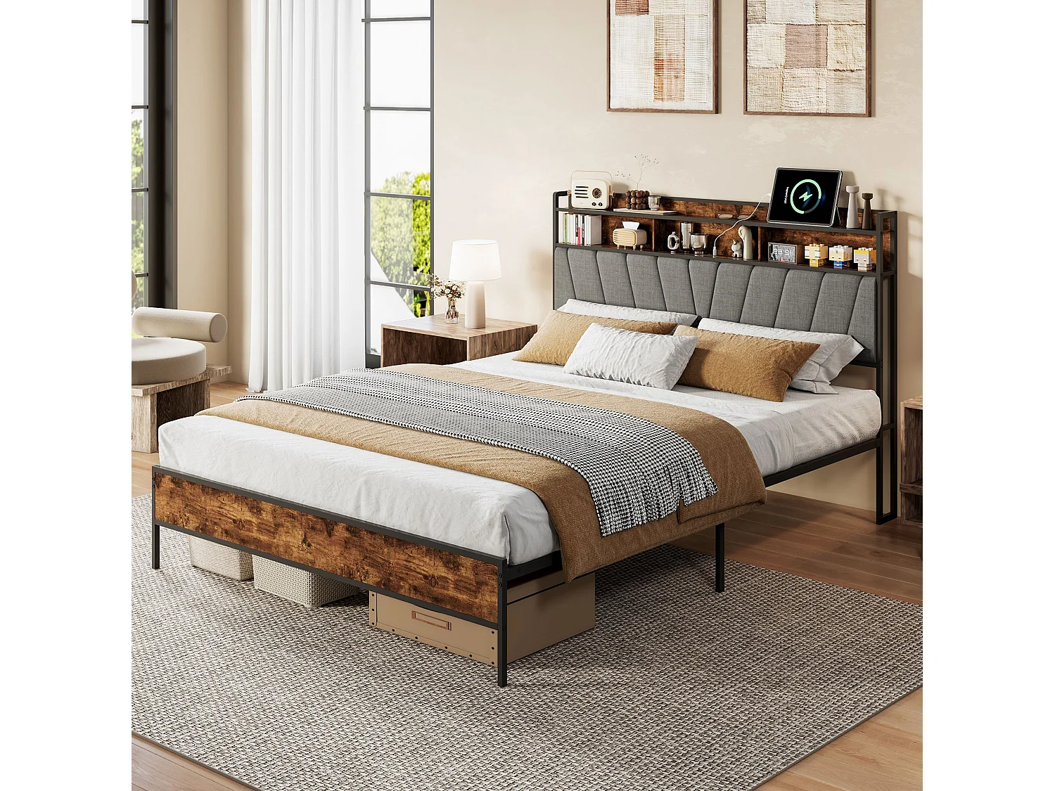 Lit double industriel 160x200 cm avec tête de lit LED, prises USB, rangement 2 niveaux, cadre métal et bois noir, sommier à lattes