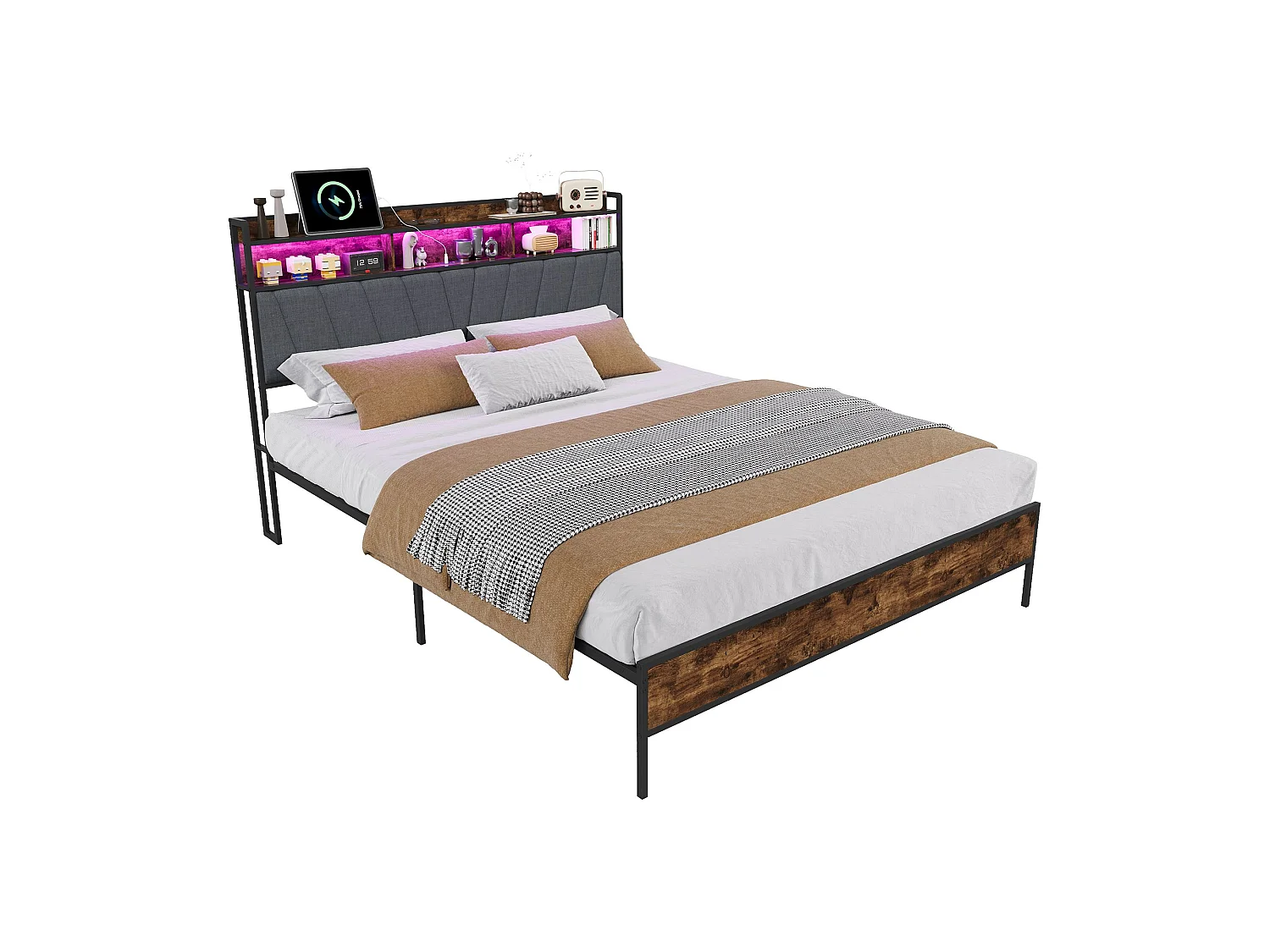 Lit double industriel 160x200 cm avec tête de lit LED, prises USB, rangement 2 niveaux, cadre métal et bois noir, sommier à lattes