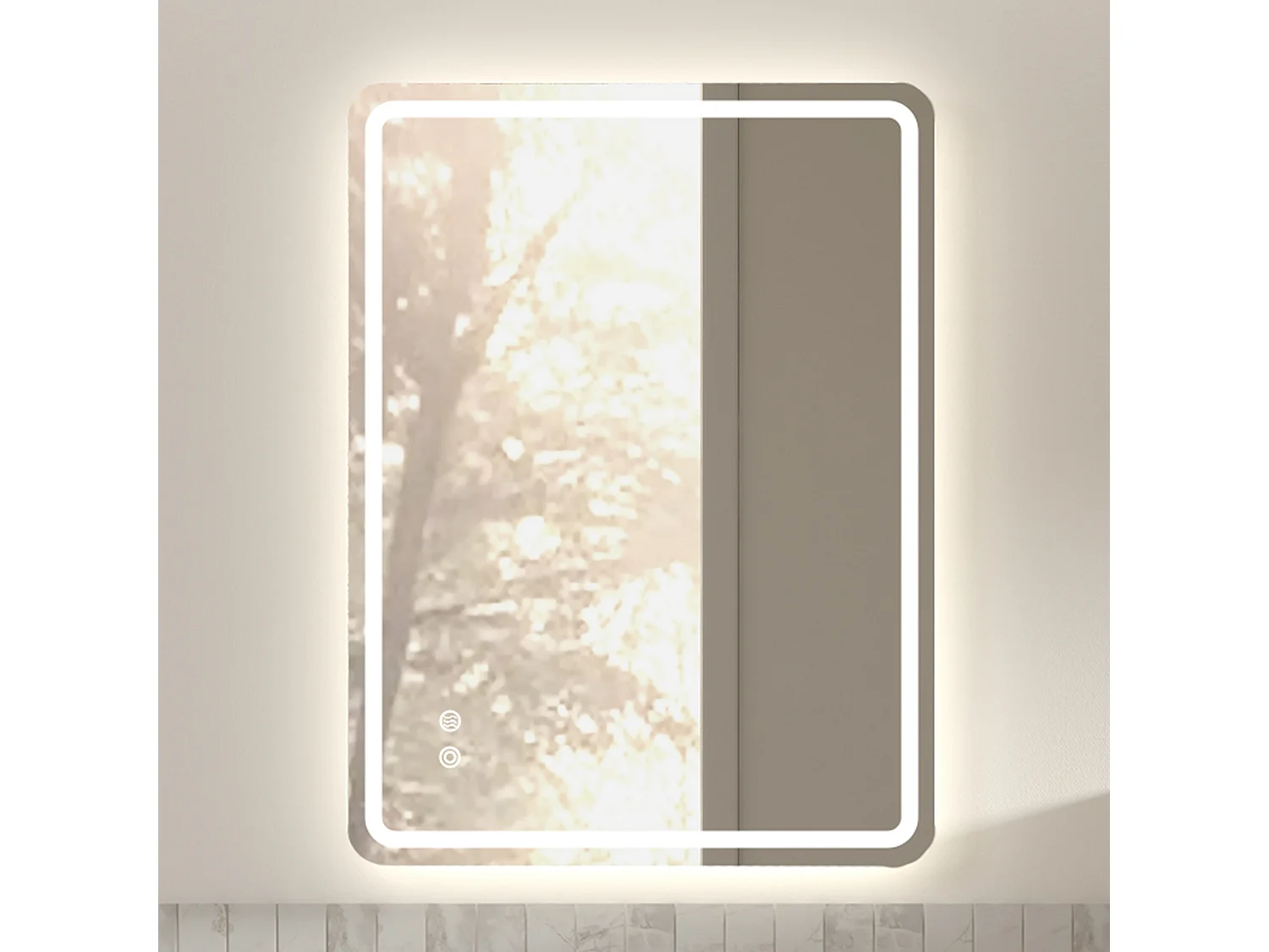 Miroir LED carré salle de bain 60x80 cm sans cadre, toucher, 3 températures, variateur, anti-buée, pose horizontale ou verticale