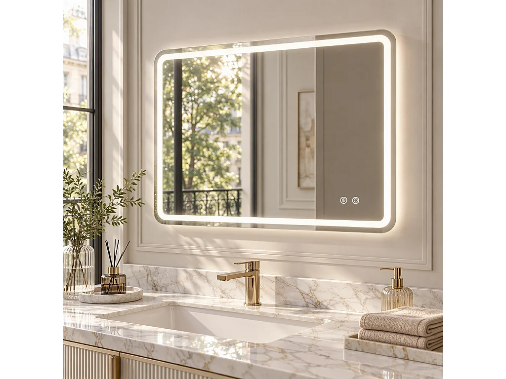 Miroir LED carré salle de bain 60x80 cm sans cadre, toucher, 3 températures, variateur, anti-buée, pose horizontale ou verticale