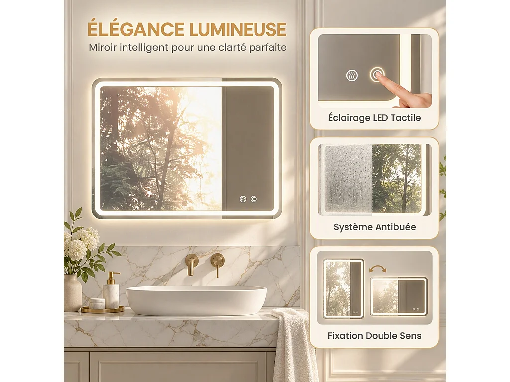 Miroir LED carré salle de bain 60x80 cm sans cadre, toucher, 3 températures, variateur, anti-buée, pose horizontale ou verticale