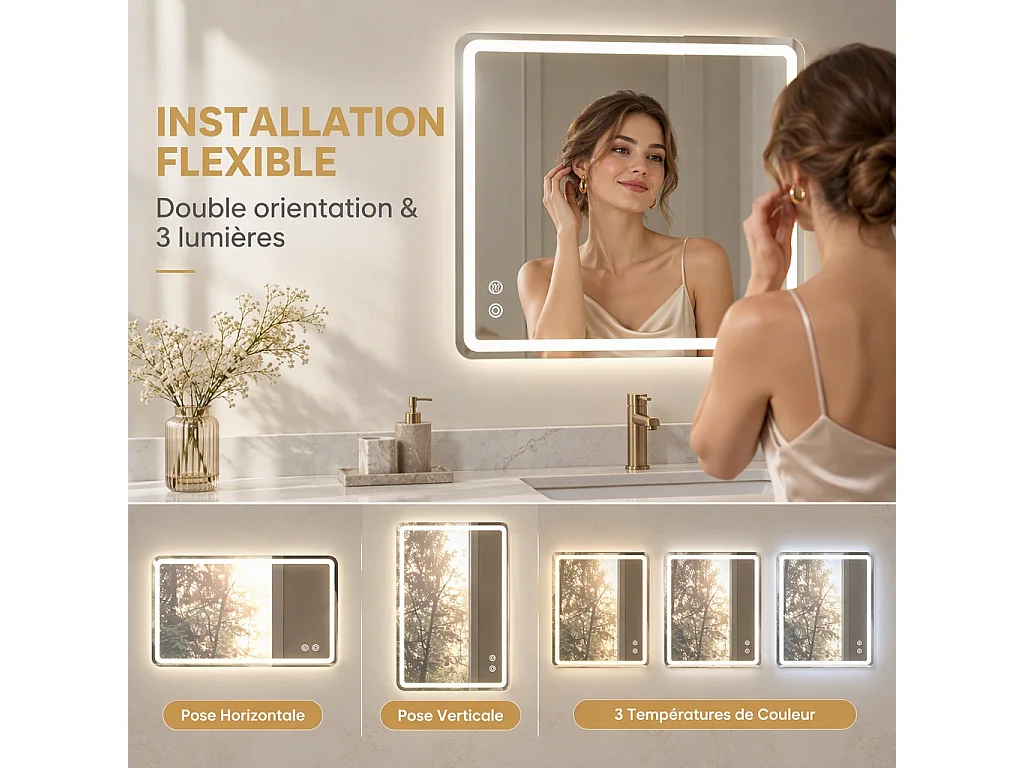 Miroir LED carré salle de bain 60x80 cm sans cadre, toucher, 3 températures, variateur, anti-buée, pose horizontale ou verticale