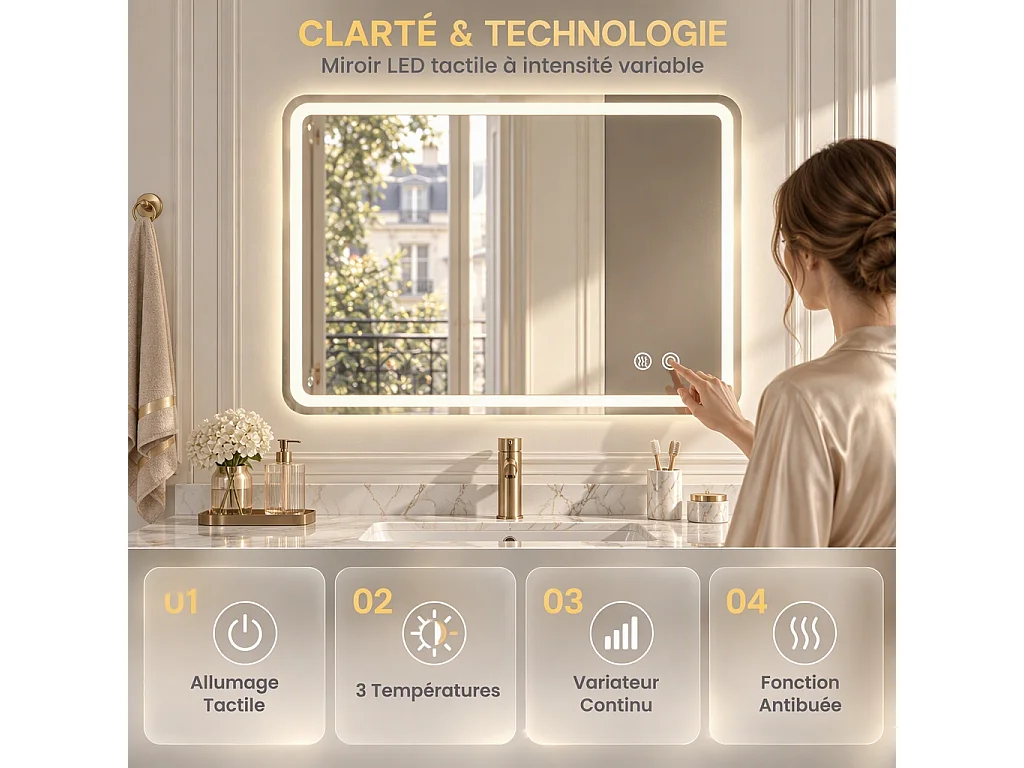 Miroir LED carré salle de bain 60x80 cm sans cadre, toucher, 3 températures, variateur, anti-buée, pose horizontale ou verticale