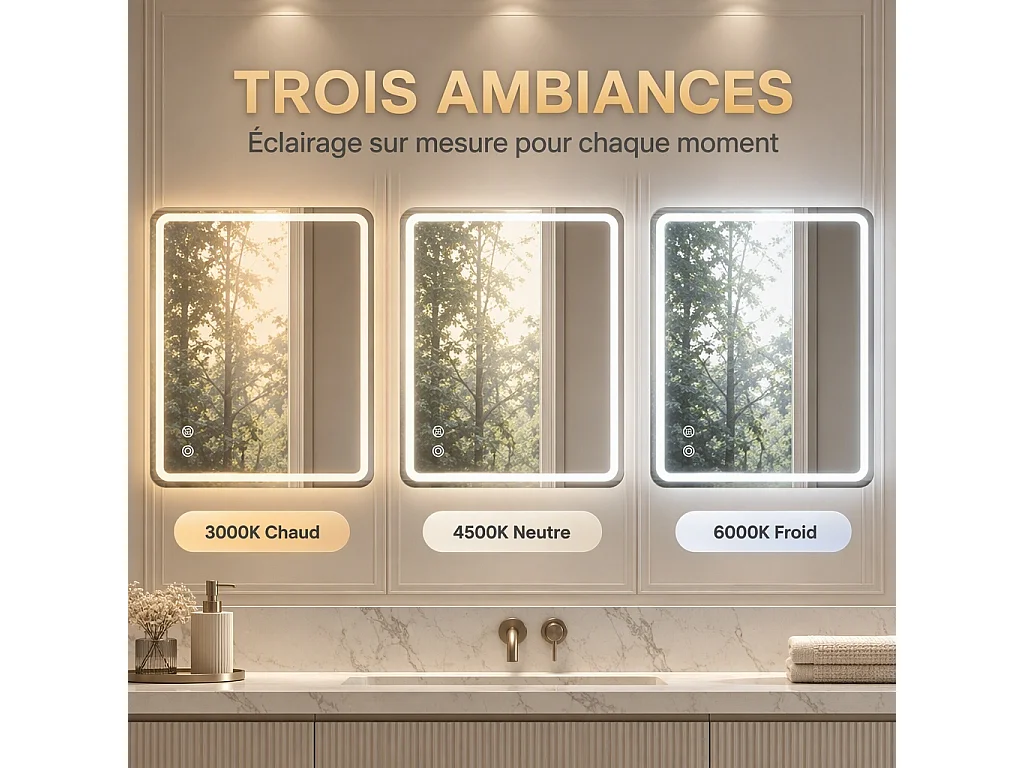 Miroir LED carré salle de bain 60x80 cm sans cadre, toucher, 3 températures, variateur, anti-buée, pose horizontale ou verticale