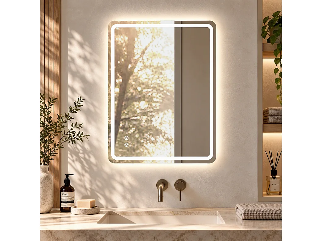 Miroir LED carré salle de bain 60x80 cm sans cadre, toucher, 3 températures, variateur, anti-buée, pose horizontale ou verticale