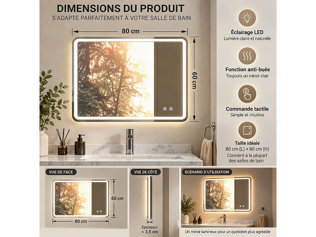 Miroir LED carré salle de bain 60x80 cm sans cadre, toucher, 3 températures, variateur, anti-buée, pose horizontale ou verticale